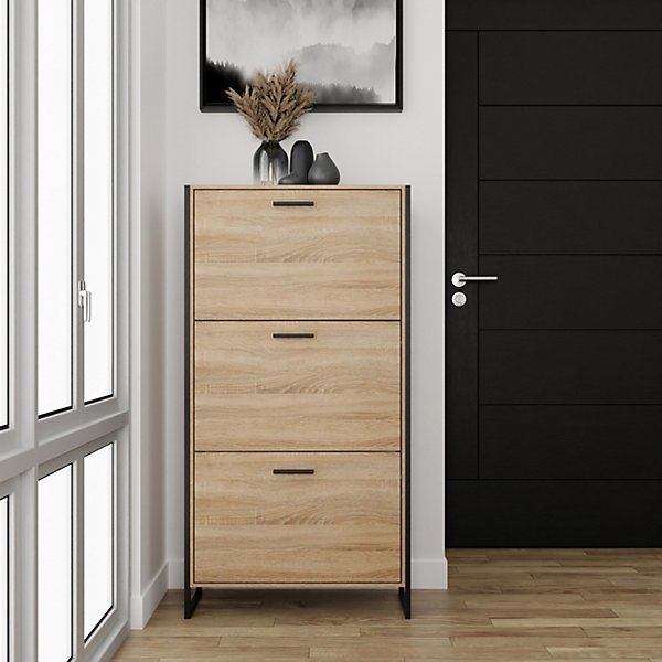 CASABEL Meuble A Chaussure Industriel 18 Paires, Armoire À Chaussures Rangement Entrée Grande Capacité -Portes et Cadre Bois Clair