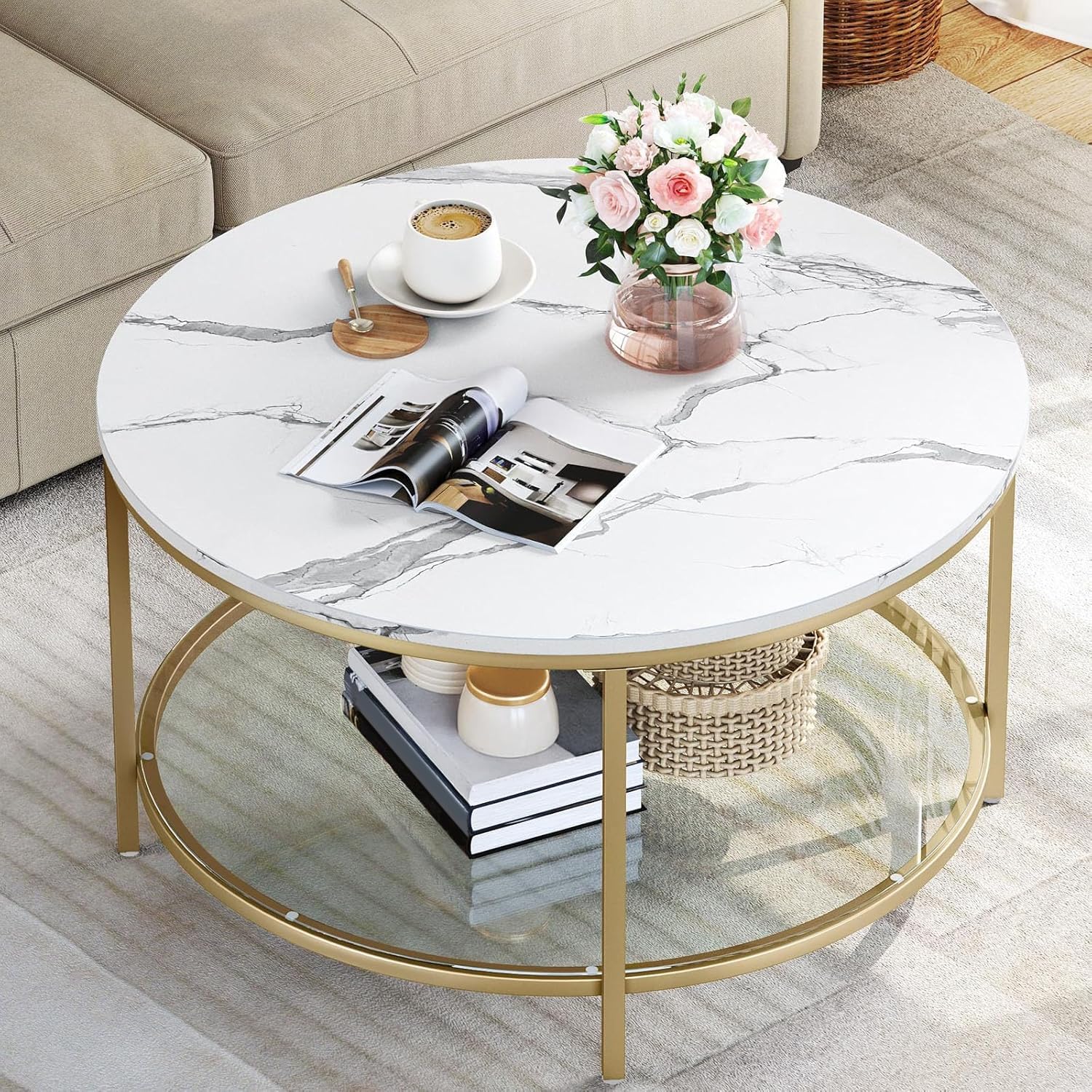 YITAHOME White Marble Round Coffee Table with Glass for Living Room, 2-Tier Circle Coffee Table with Storage Clear Coffee Table, Simple Modern Center Cocktail Table, White & Gold