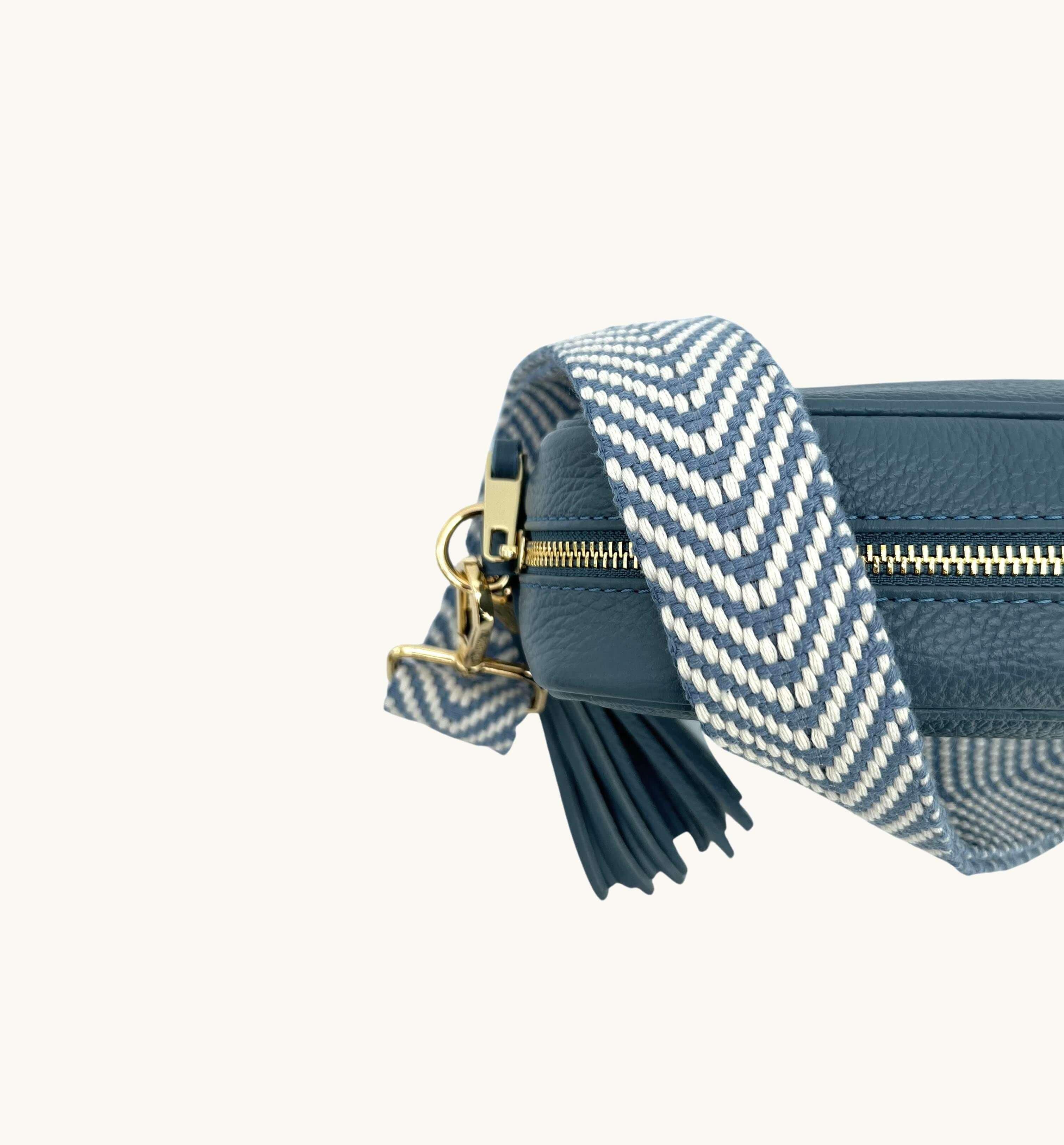 Apatchy London Denim Blue Leather Crossbody Bag With Denim Blue Chevron Strap