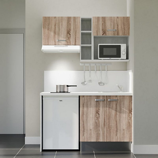 Kitchenette K13 - 140 cm - Façades : Bois - Plan de travail : Blanc - Crédences : Oui - Evier