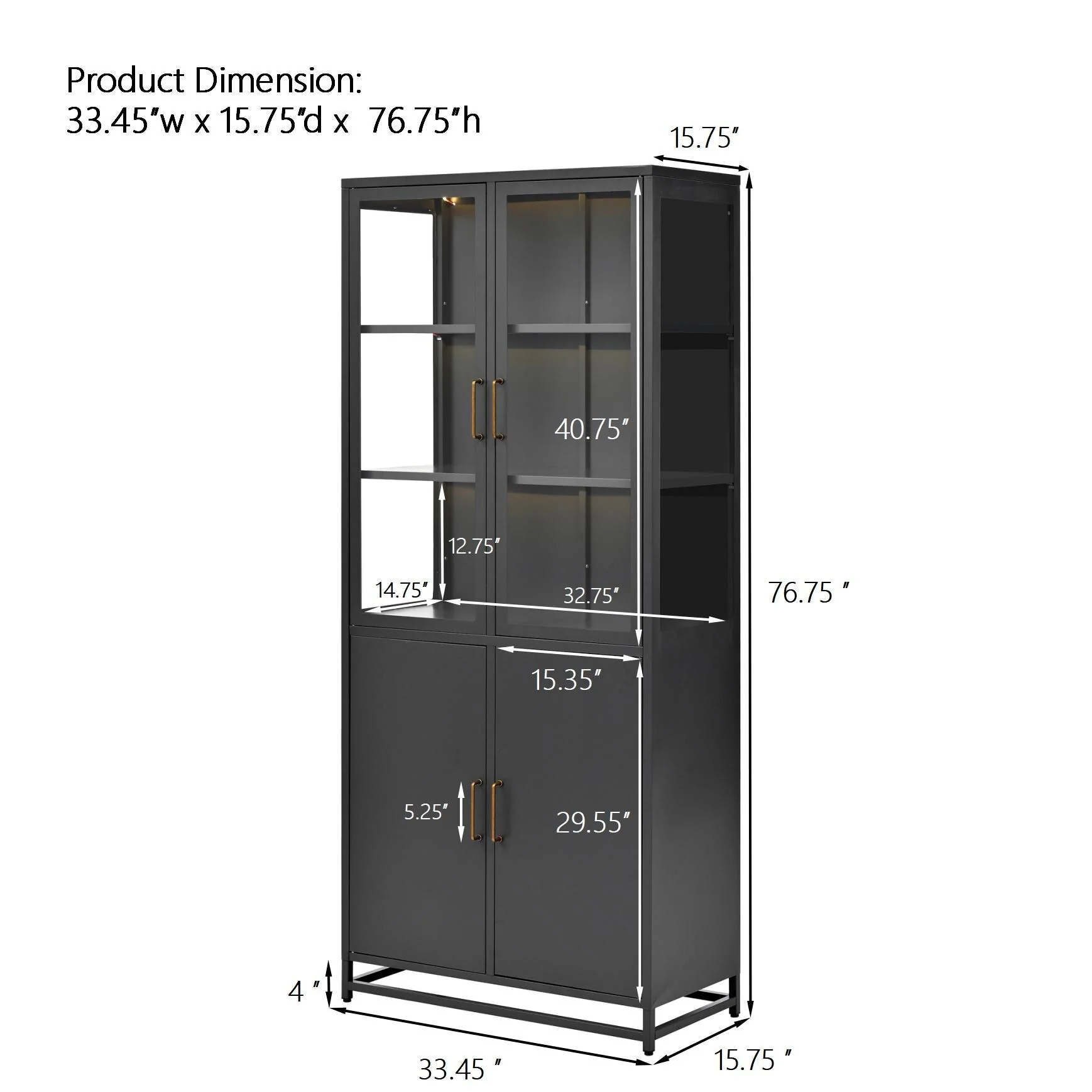 76.75Tall Display Cabinet with Double Glass Doors and LED Lights Steel Curio Cabinet,3-Sided Glass Display Case