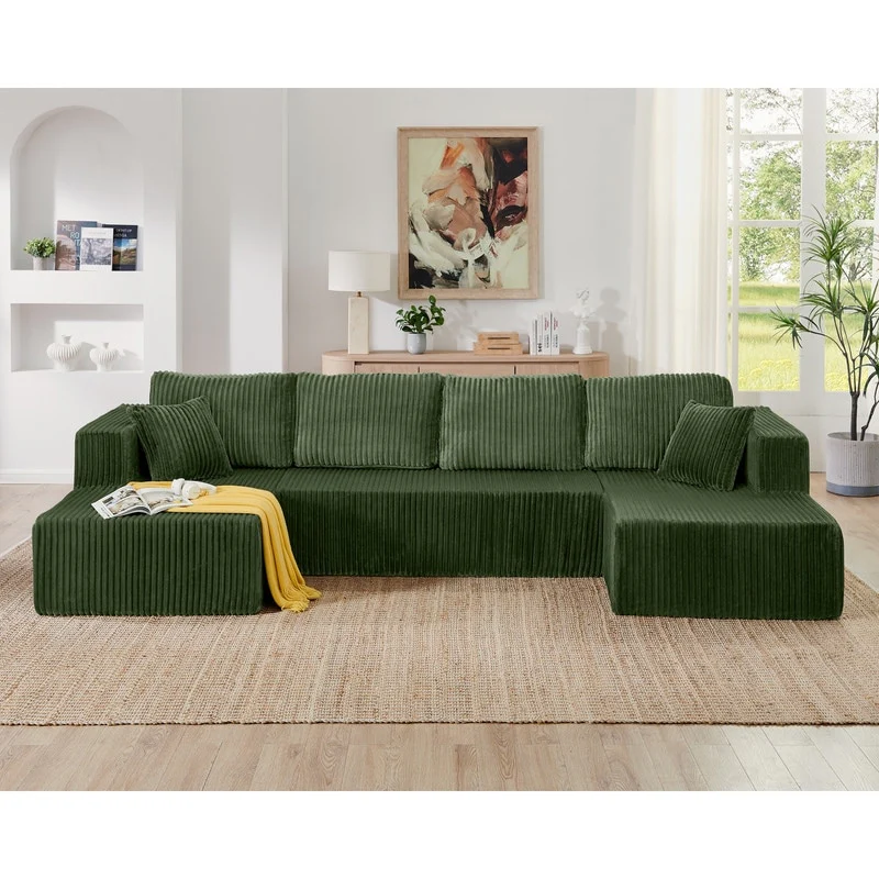 Modern Minimalist U-Shaped Modular Corduroy Sectional Sofa - Compressed, Space-Efficient Sleeper Couch for Living Room & Bedroom