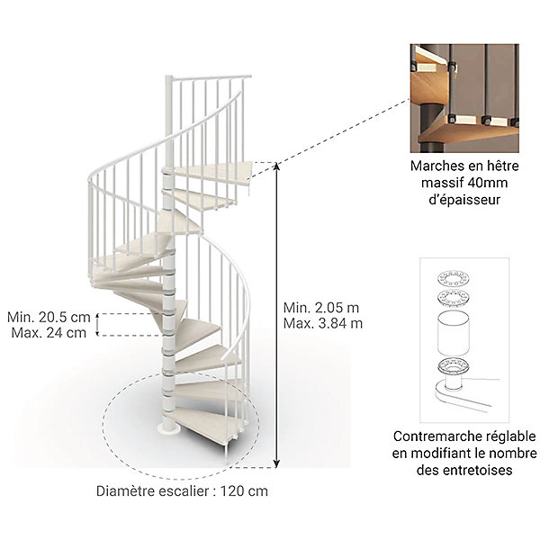 Escalier colimaçon 12 marches - Haut. à franchir 2.46 à 2.88m - Diam. 120cm - Trémie ronde - Struct. blanche / marches blanchi -