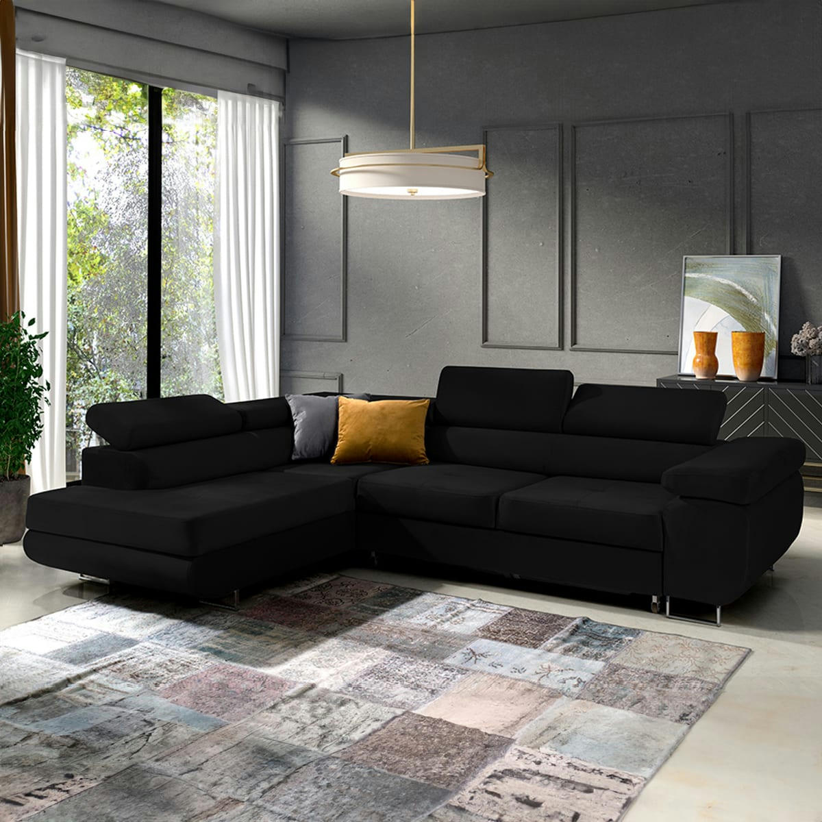 - Canapé d'angle convertible gauche 4 places velours noir