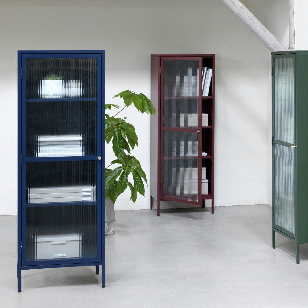 BJORN - Colonne de rangement 1 porte en verre strié et métal H160cm bordeaux