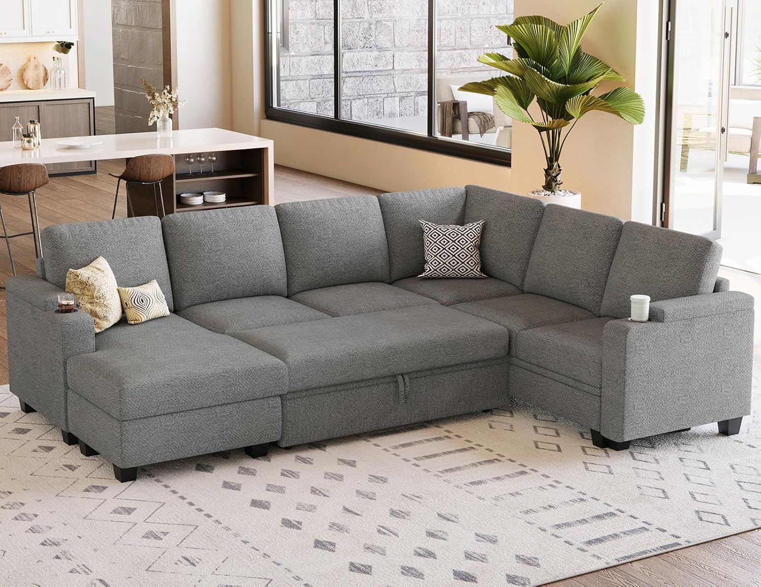 Belffin Sleeper Sofa Modular Sectional Pull Out Couch Bed U Shaped Sofa Couch for Living Room with Storage Chaise. Light Gery