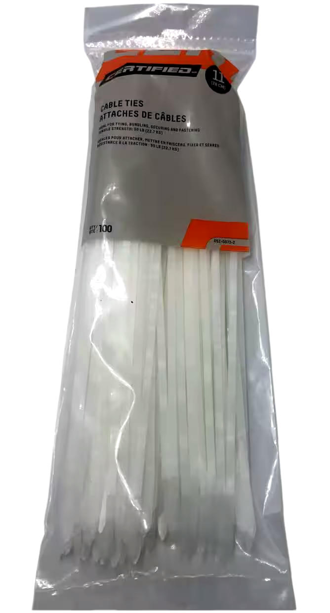 Certified Medium Duty Cable Ties, UL Listed, White, Assorted Sizes, 100-pk