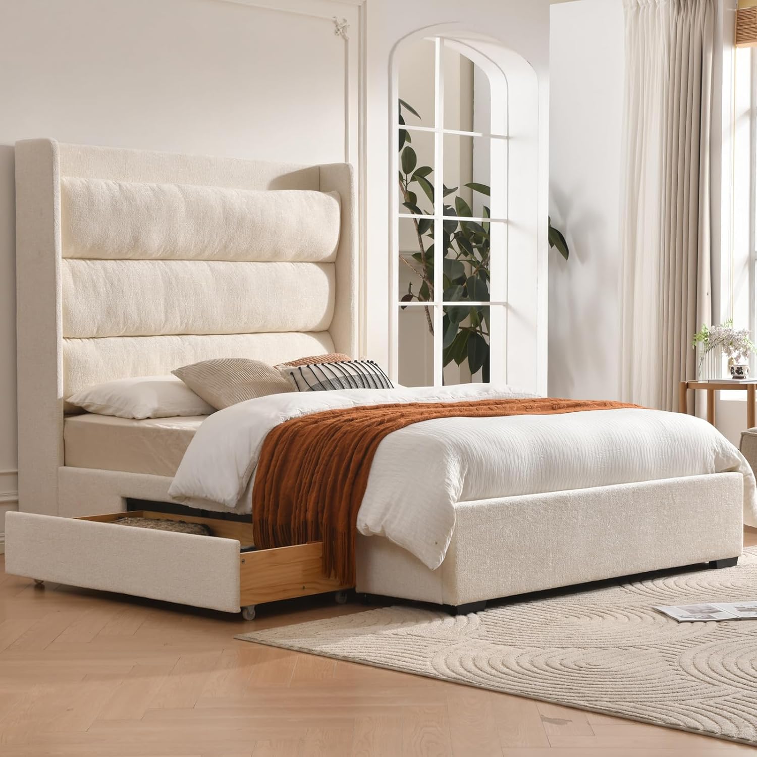 YUHUASHI Queen Storage Bed Frame with 63.4-inch High Headboard, Storage Drawers, Slatted Support, No Spring Mattress Required (Cream, Queen (U.S. Standard))