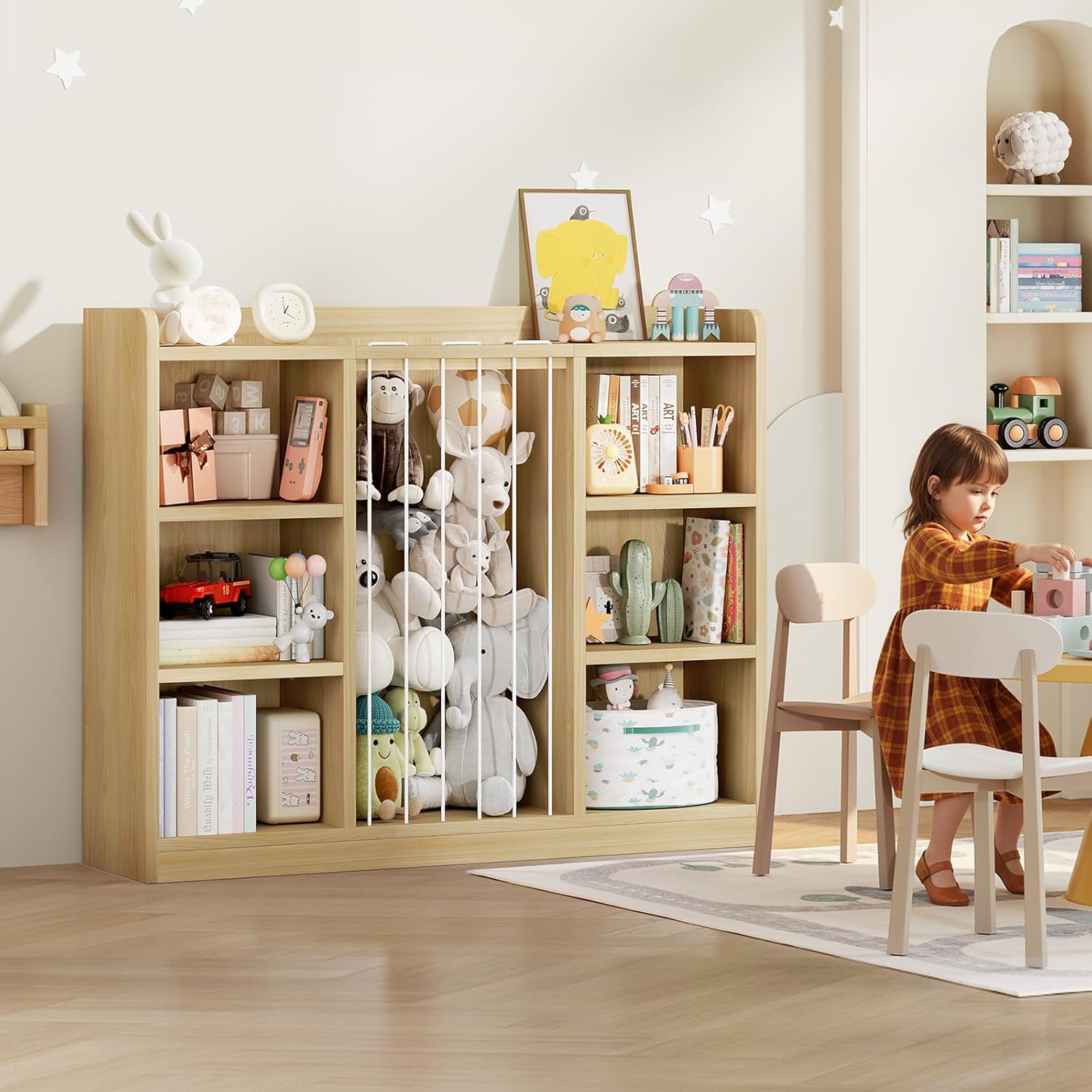 Toddler Stuffed Animal Zoo, Toy Storage Organizer for Playroom, Plush Toy Organizers and Storage, Book Shelf for Kids Rooms, Elastic Band Child Bookcase, Toy Shelf with 8 Storage Cubbies (Maple Wood)