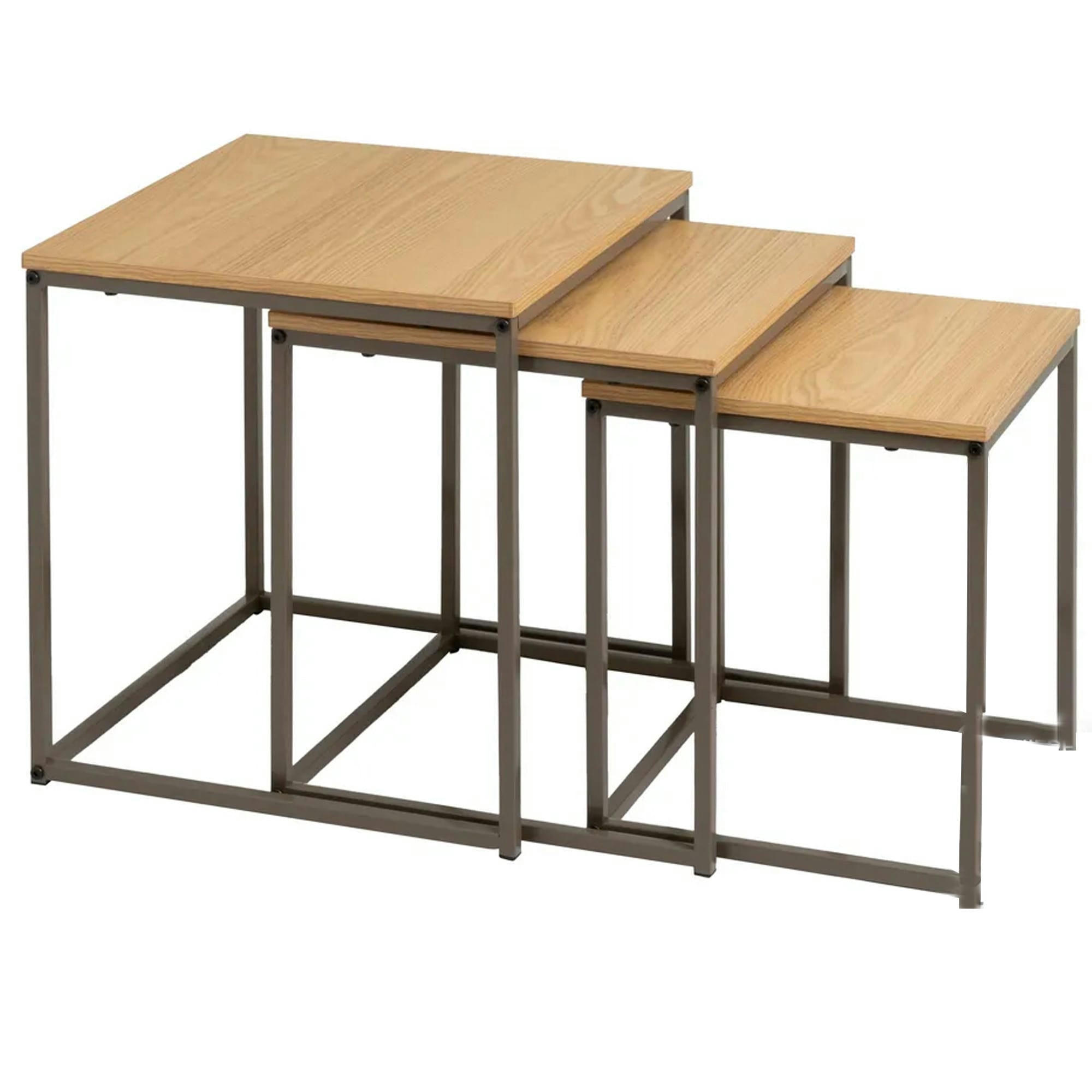 - Set de 3 tables basses gigognes couleur bois naturel et métal gris 40x