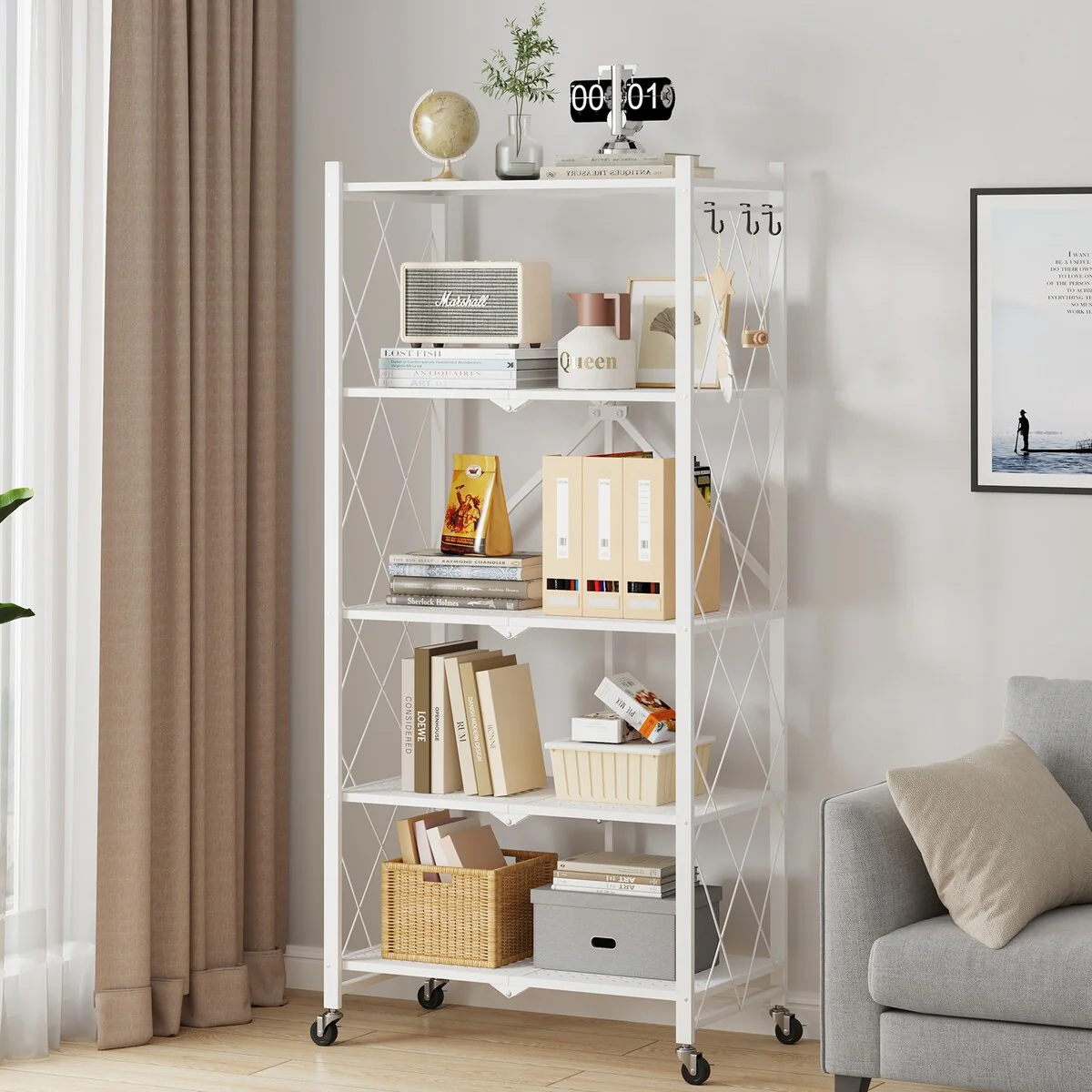 5-Tier Foldable Storage Shelving Unit, Heavy Duty Metal Kitchen Shelf with 3 Hooks