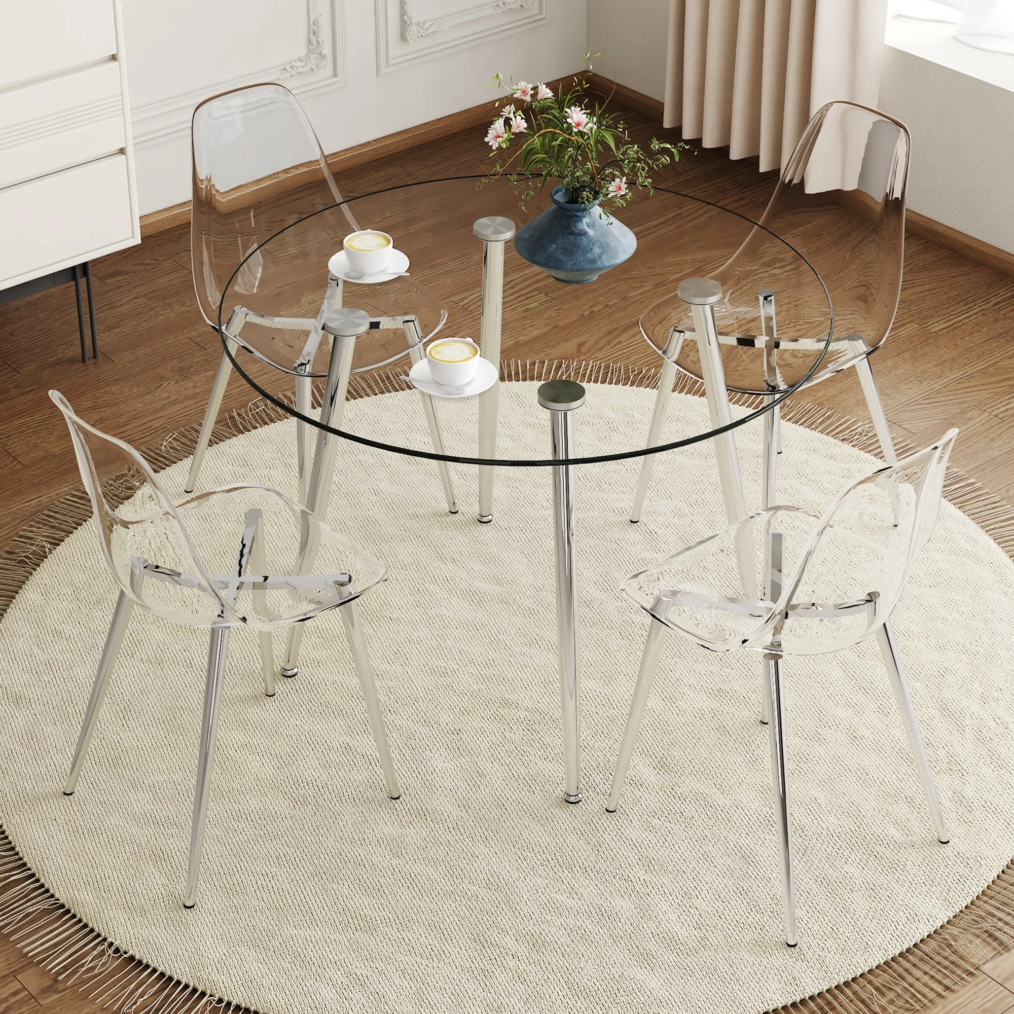 Modern Style Dining Set with Round Transparent Tempered Glass Table and Multiple Transparent PP Dining Chairs
