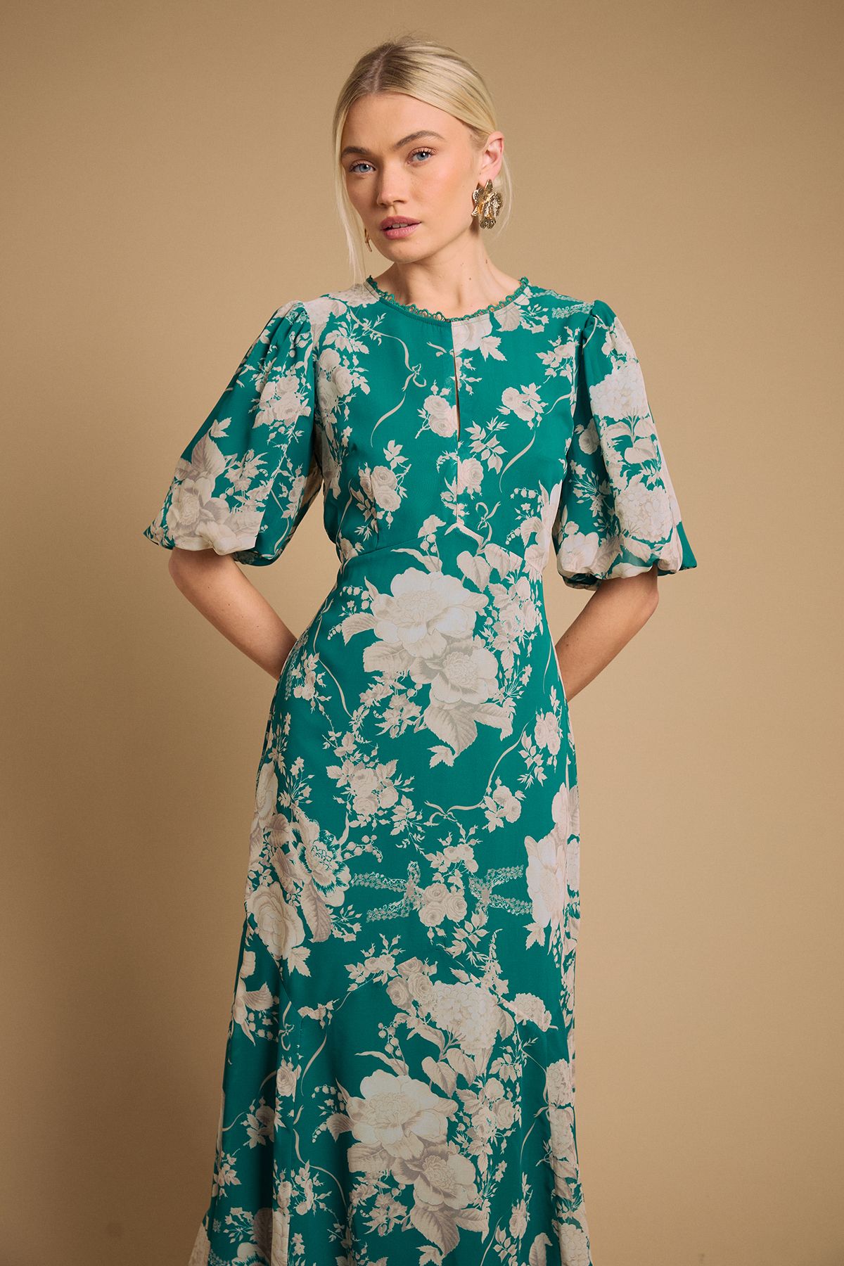 Oasis Puff Sleeve Trim Detail Panelled Tea Dress