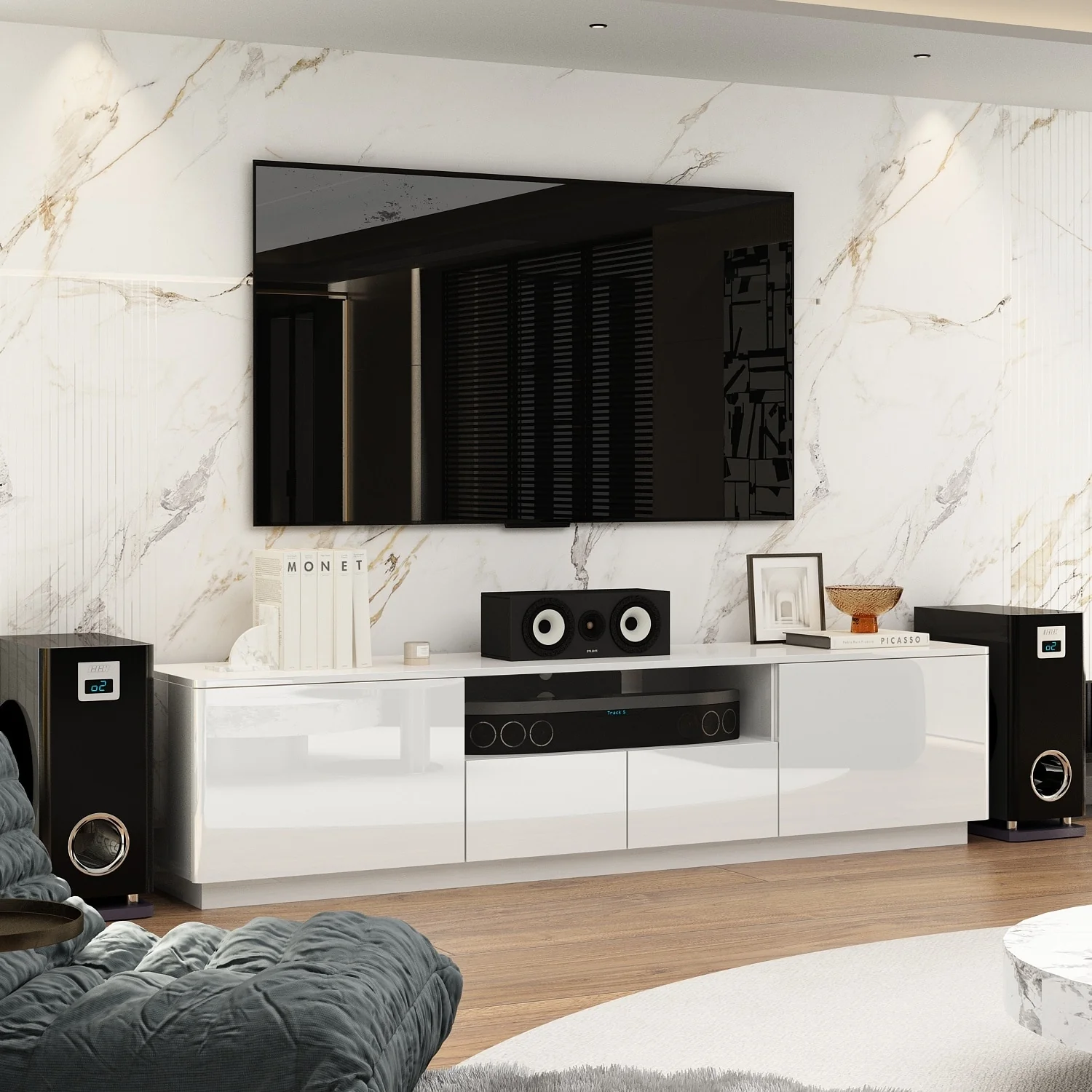 LED TV Stand Entertainment Center 85 TV High Gloss Console Cabinet