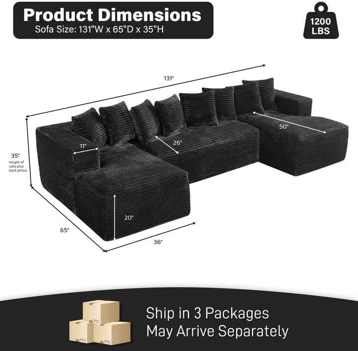 131 Oversized U Shaped Cloud Sectional Couches for Living Room, Comfy Fluffy Corduroy Black Boneless Sectionals Couch, Plush Memory Foam Modular Sectional Sofa with Double Chaise- 20 High Seat