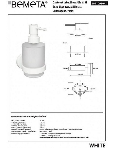 Distributeur de savon liquide mural WHITE en laiton blanc 200ml