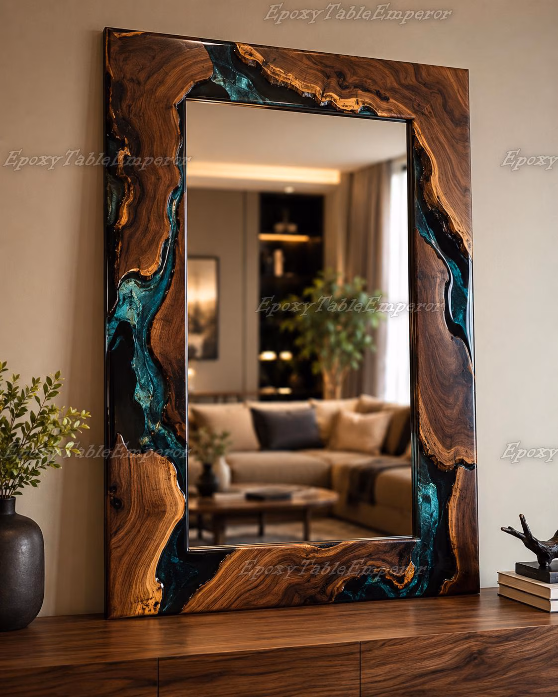 Live Edge Walnut Mirror, Teal River Epoxy Resin Frame, Large Rustic Wall Art