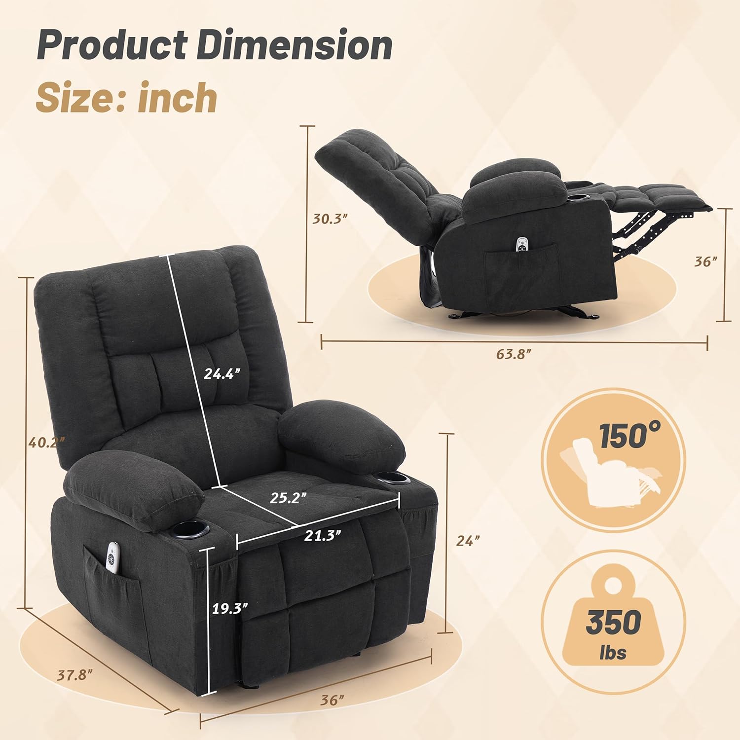 Rocker Recliner Chair with Massage and Heat, Nursery Rocking Chairs for Living Room, Recliner Chair for Adults, Ergonomic Comfy Relining Chair with Cup Holders, USB Charge Port, Side Pockets, Black