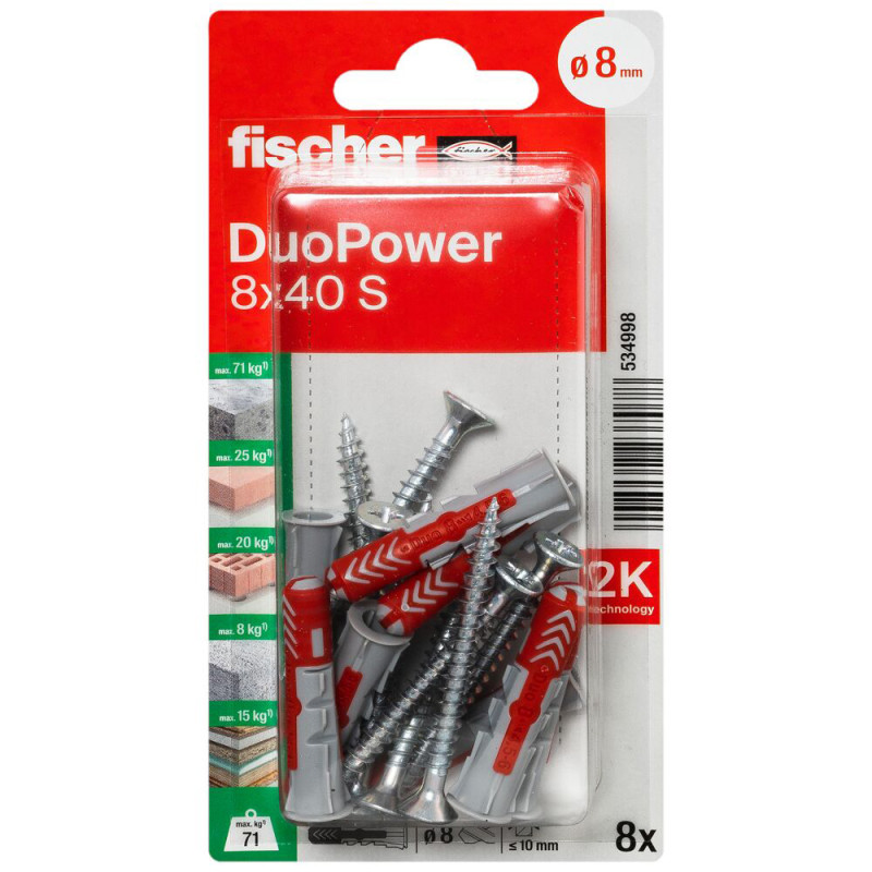 Cheville DuoPower en nylon avec collerette et vis Ø 8 x 40 mm 8 pièces