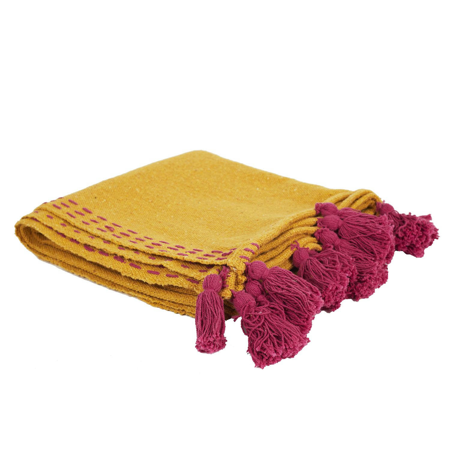 - Jeté de canapé surpiqué avec pompons jaune et rose