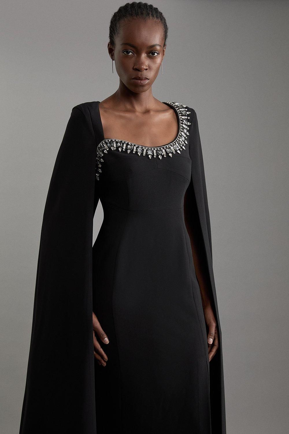 KarenMillen Petite Crystal Embellished Viscose Crepe Woven Cape Maxi Dress