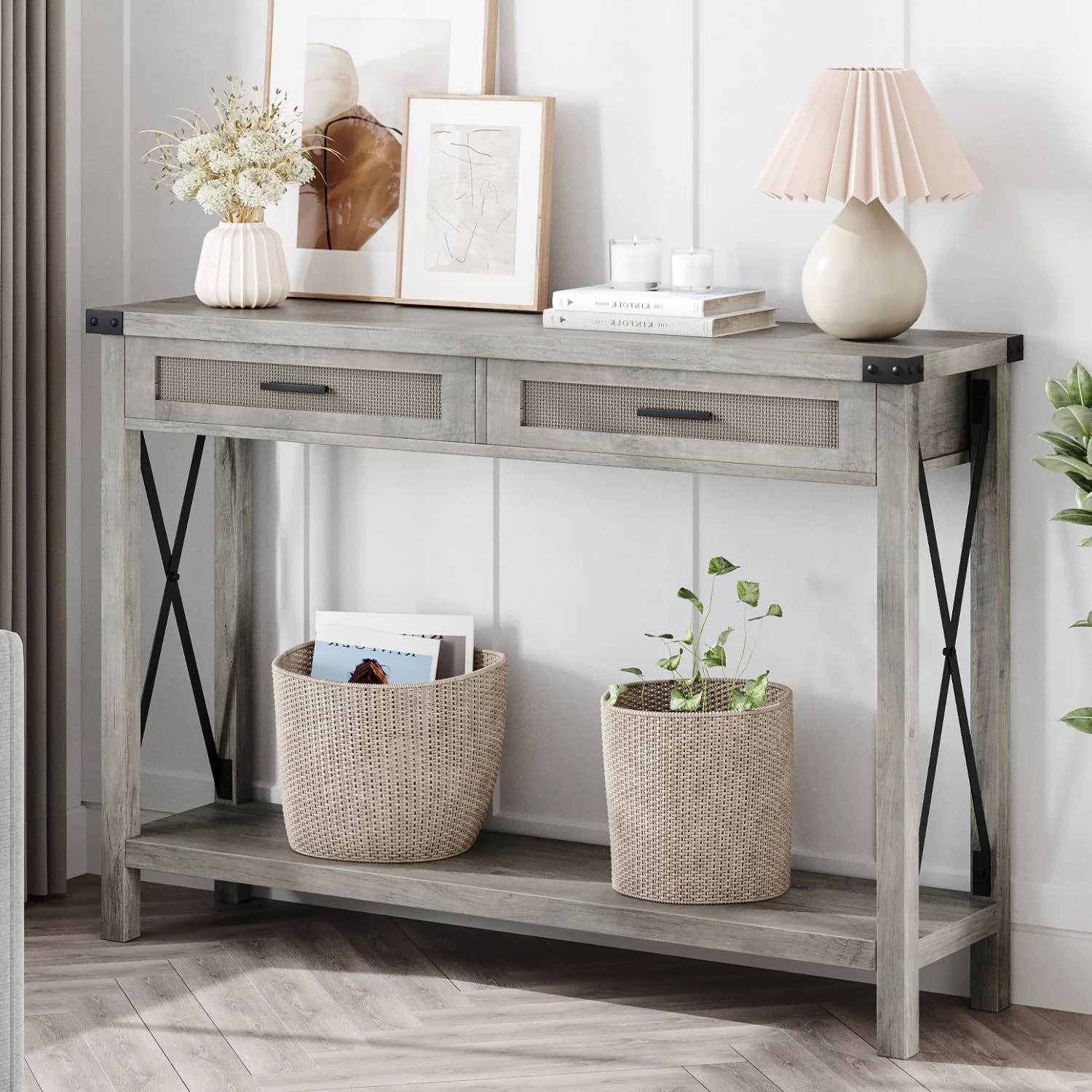 Farmhouse Sofa Table with Rattan Drawers for Entryway