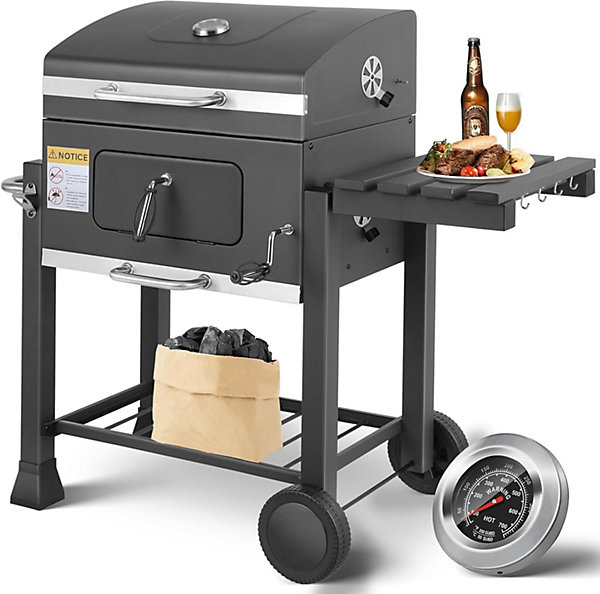 Barbecue Charbon XL avec Couvercle, Roues et Thermomètre - Gris
