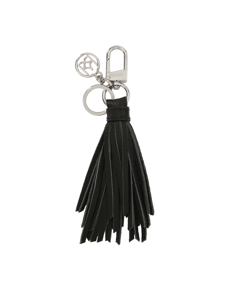 Elegant black leather keychain with a clutch and silver accents