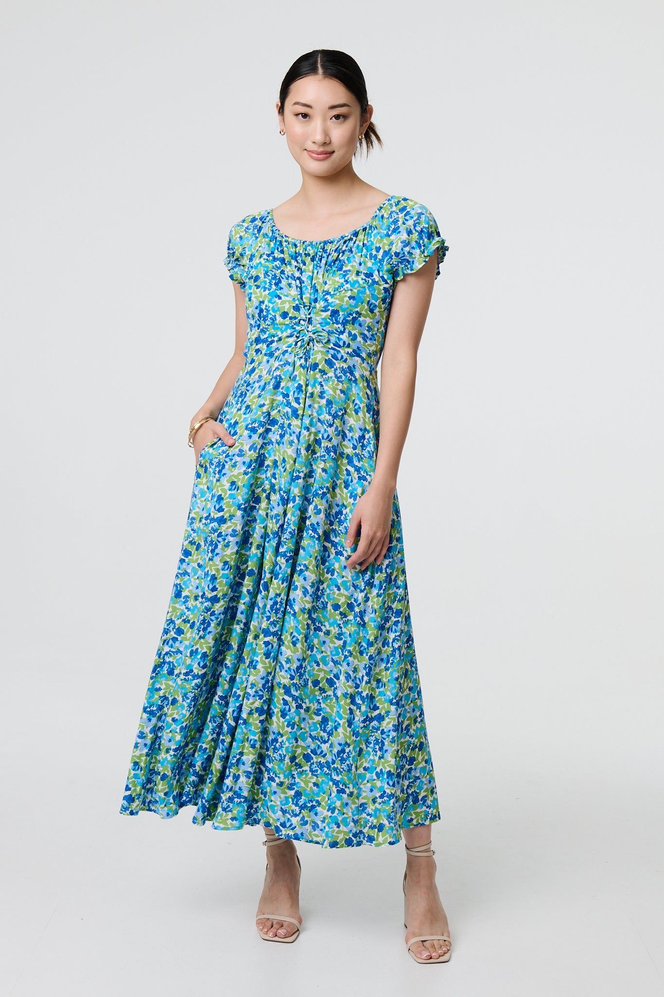 Izabel London Ditsy Floral Bardot Smock Midi Dress