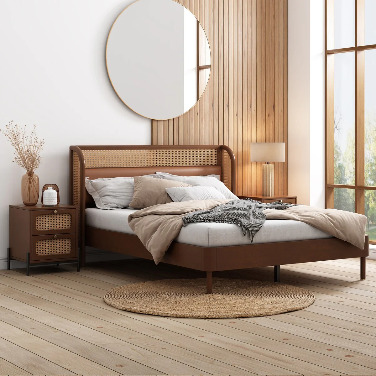 Queen Size Rattan Wood Platform Bed with 2 Nightstand
