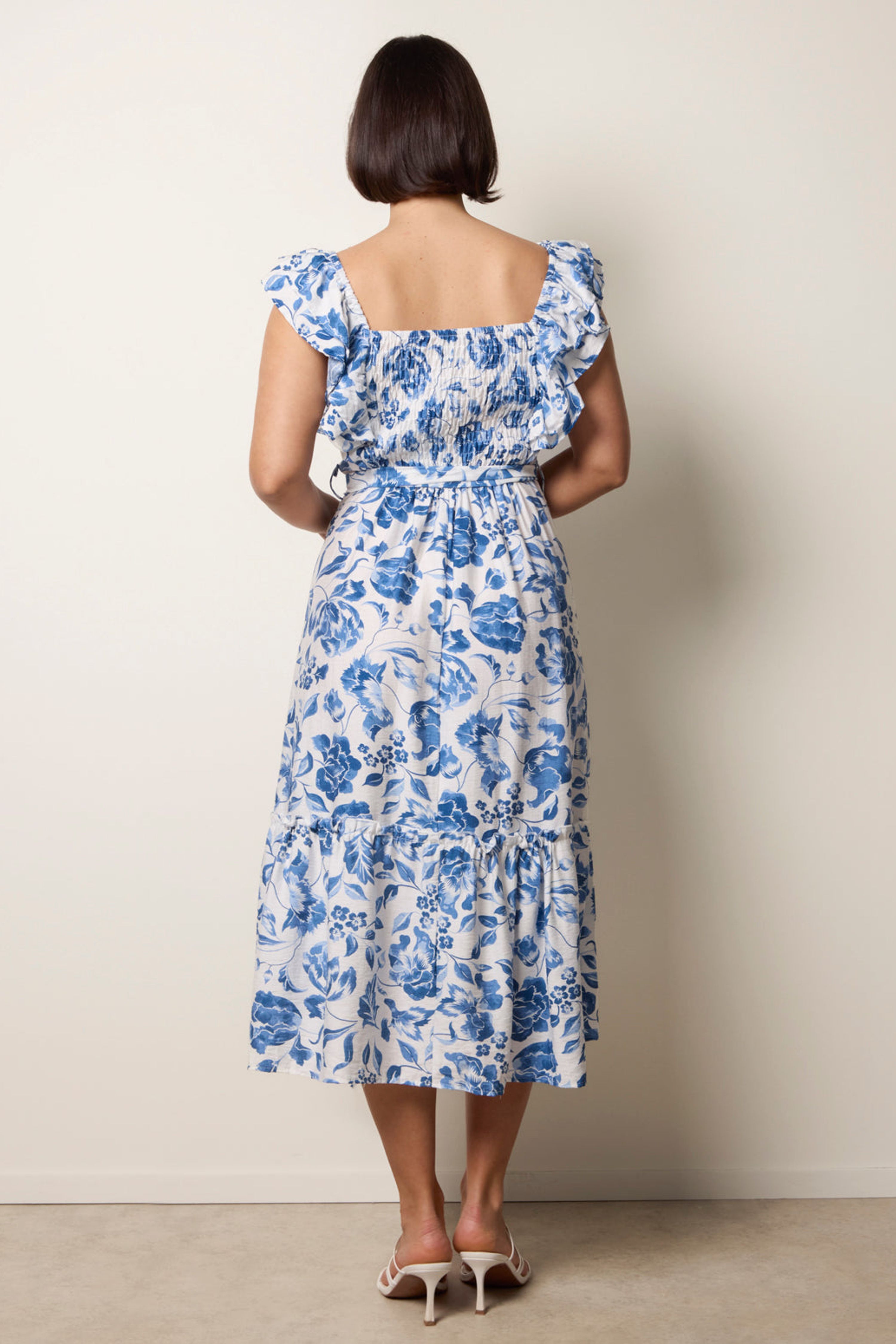 Blue Vanilla White Frill Sleeveless Dress With Floral Print