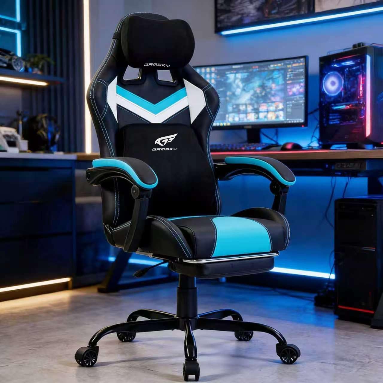 Ergonomic Gaming Chair for Adults with Footrest - Height Adjustable Reclining Gamer Chair 135° with Headrest and Lumbar Support, Comfy Video Game Computer Desk Chair for Home Office, Blue