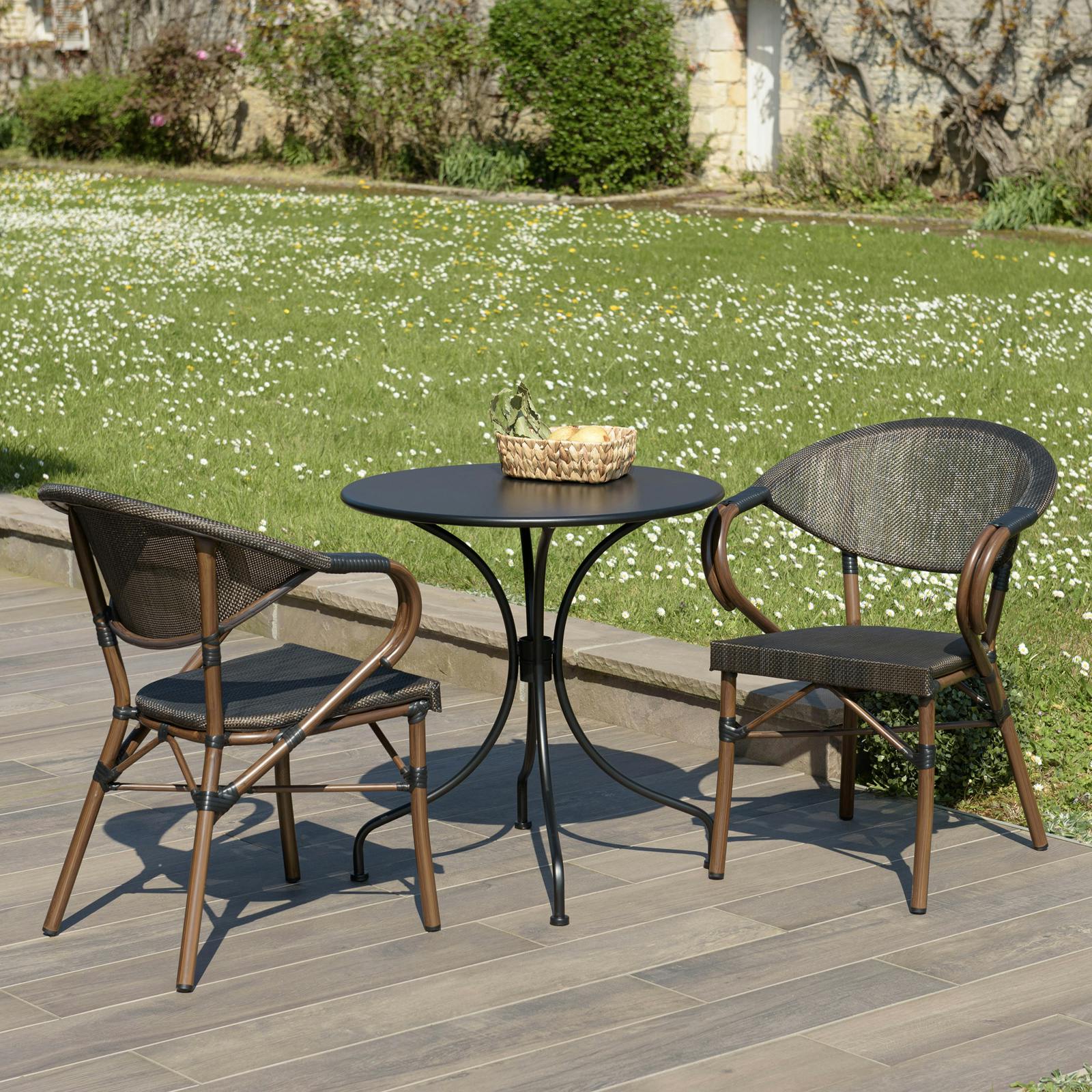 Salon de jardin table ronde noire D70 cm   2 fauteuils bistrot tissu marron GIJON