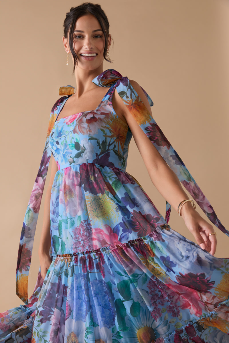 Alahna Tie Strap Light Blue Floral Maxi Dress