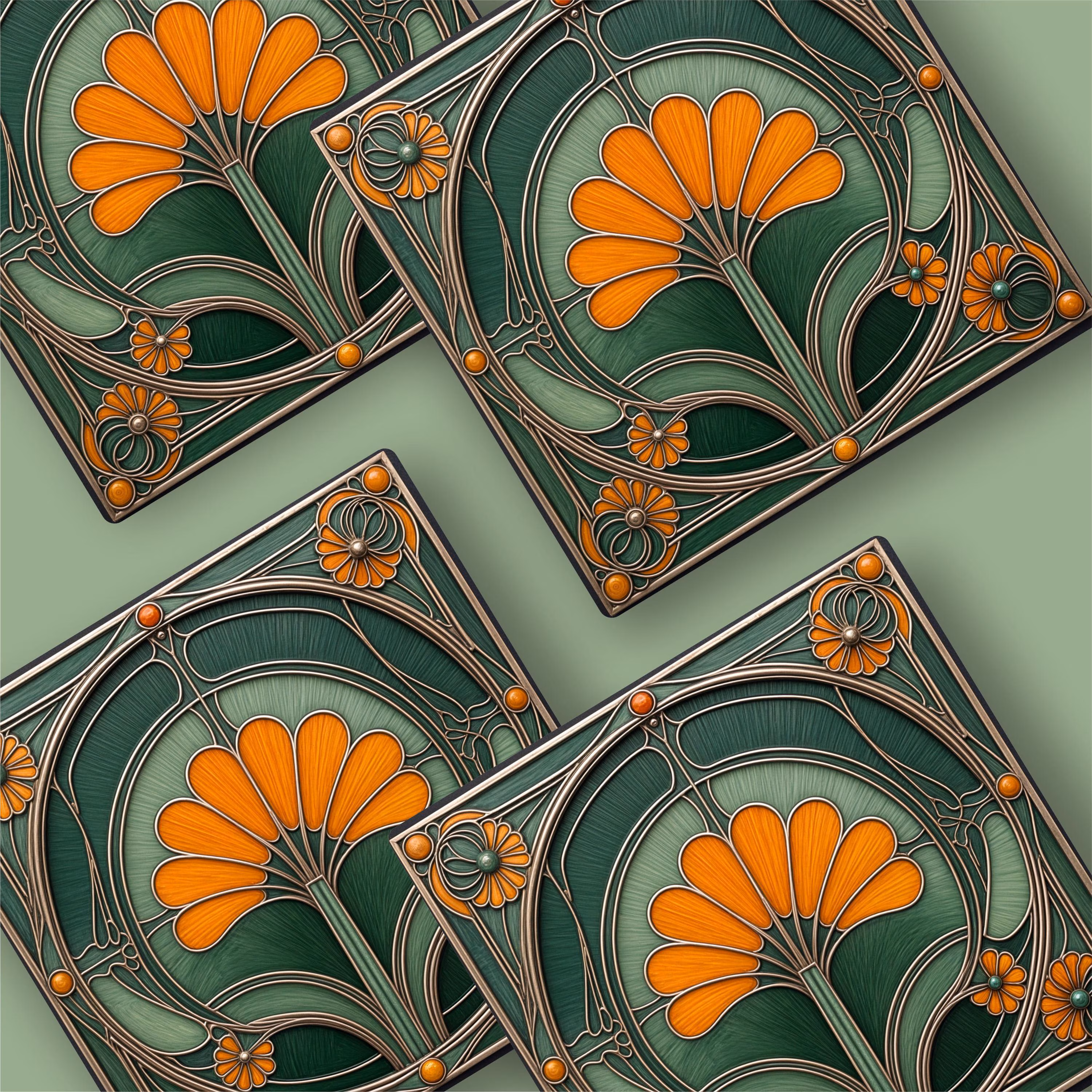 Art Nouveau Ceramic Coasters | Floral Design, Housewarming Gift, Set of 4