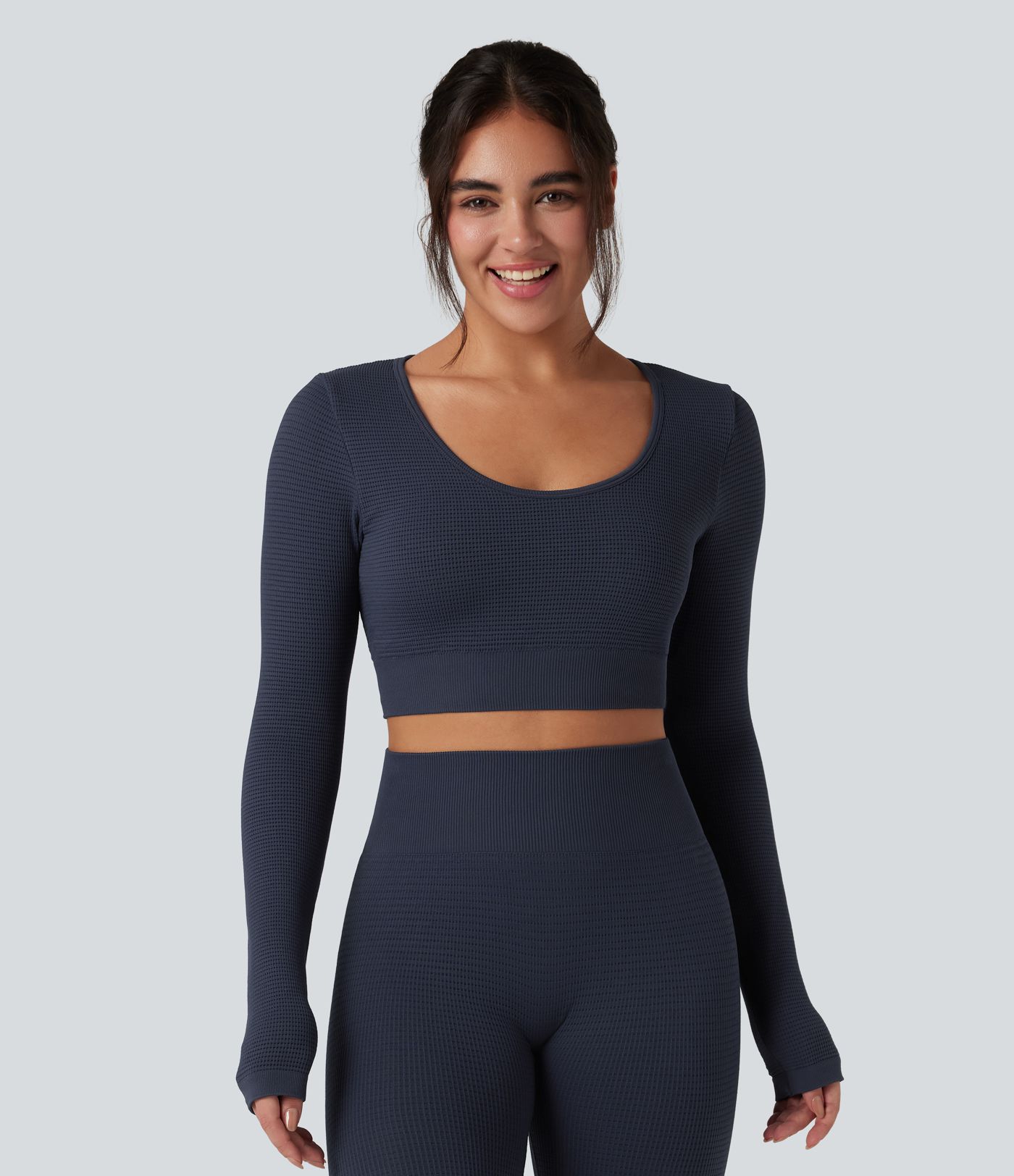 Haut de sport yoga court en maille gaufrée à manches longues sans couture OneForm Seamless Flow