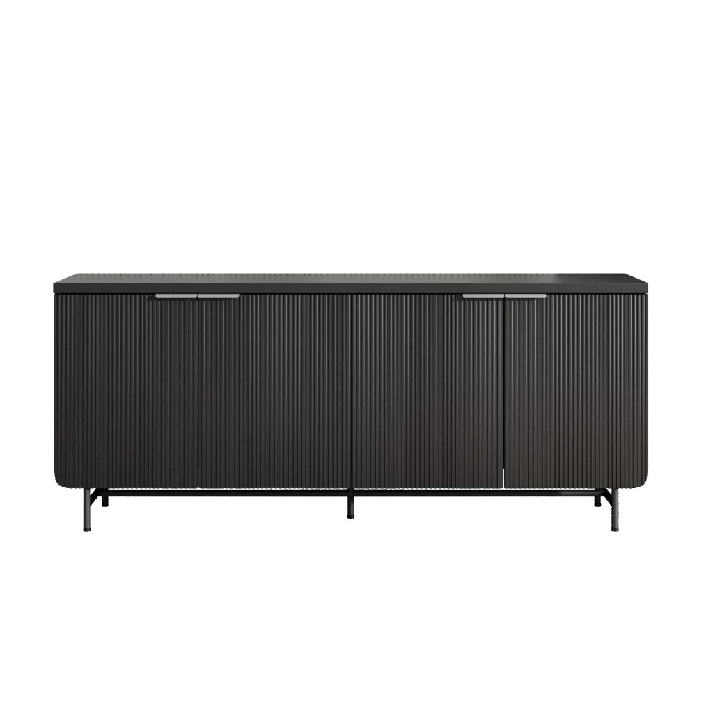 HomeRoots 68 Black Wood Ribbed Texture Sideboard with Four Doors - 68.11 in. x 28.74 in. x 17.71 in.
