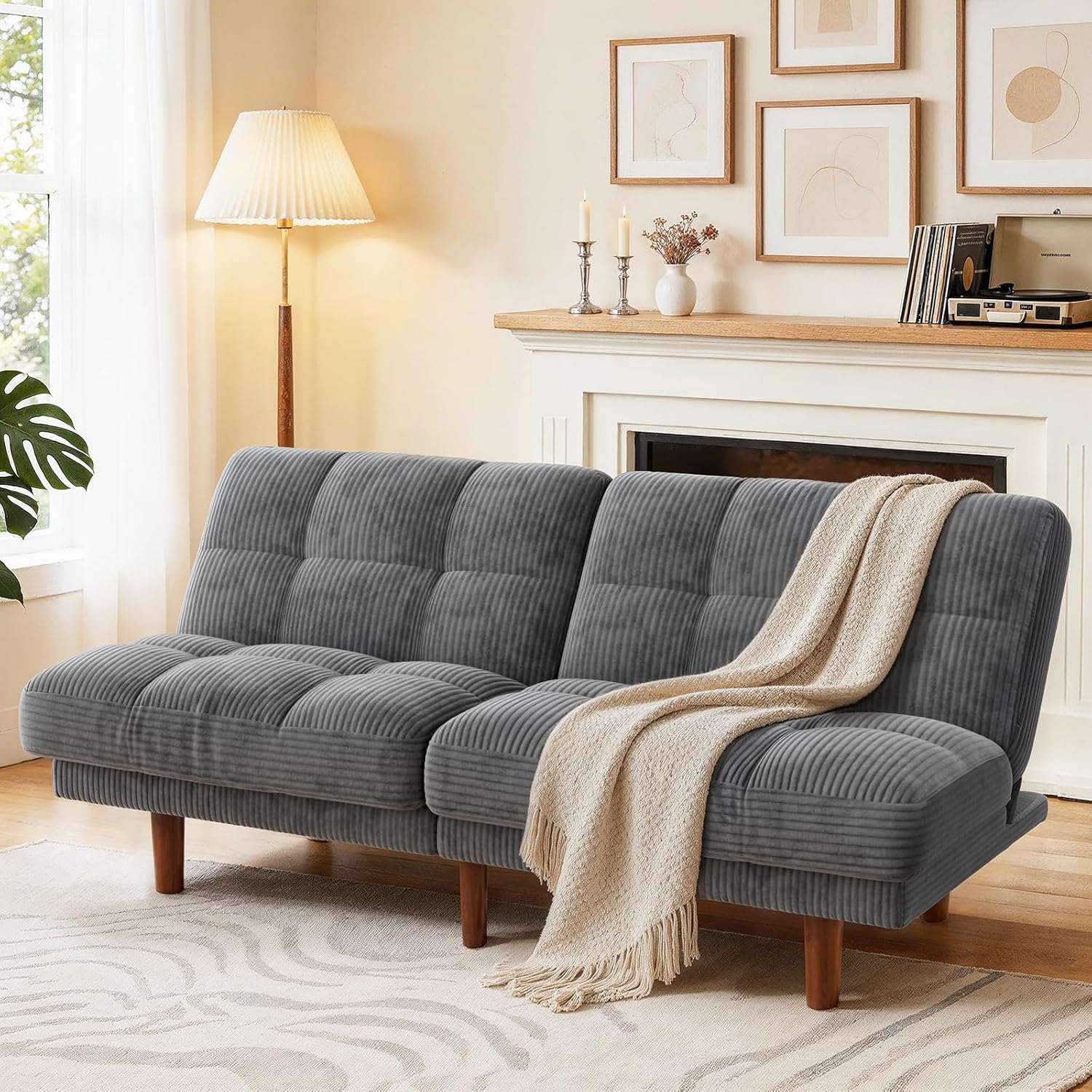 Marsail 65 Futon Sofa Bed, Convertible Small Recliner Sleeper Sofa Bed with Adjustable Backrest, Corduroy Loveseat Futon Couch for Small Apartments, Living Room Office, Guest Room (Grey)