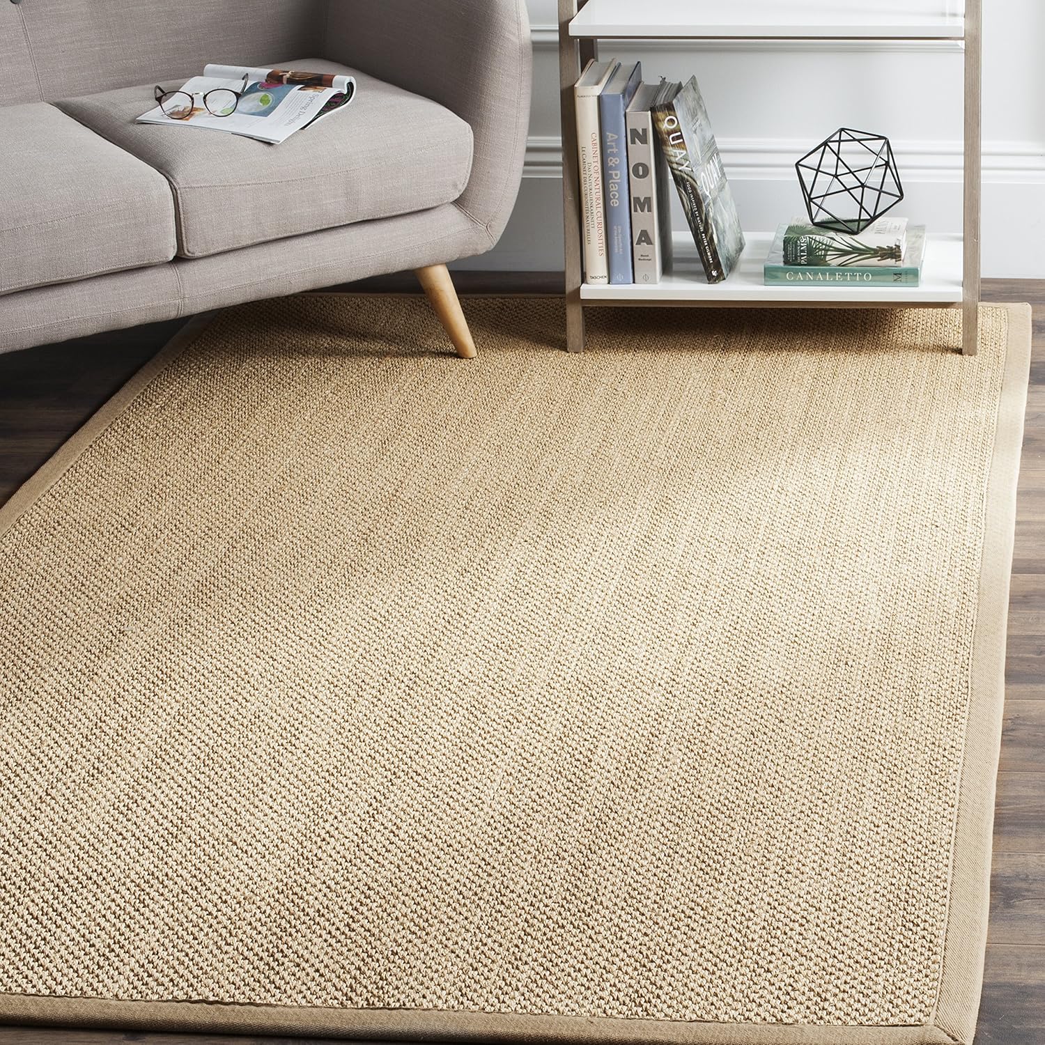 SAFAVIEH Area Rug 9' Square - Natural Fiber Collection - Maize & Linen Color, Sisal, Woven Design with Border (NF141B)