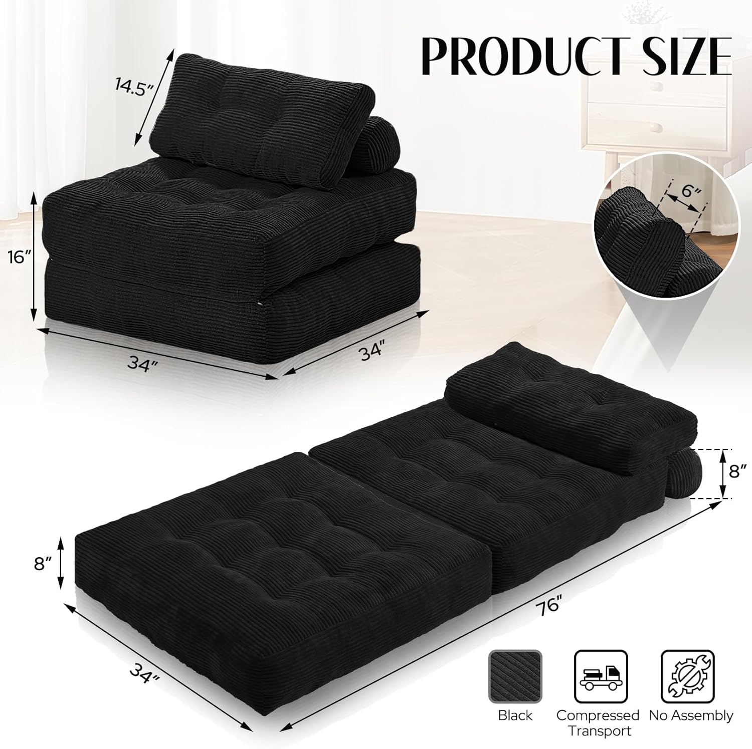 HABUTWAY Folding Sofa Bed, Convertible Sleeper Chair Bed w/Dual-Pillow & Handle, Foldable Floor Sofa Lounge w/Back Support for Living Room, Bedroom, Apartment, Office, Single, Black