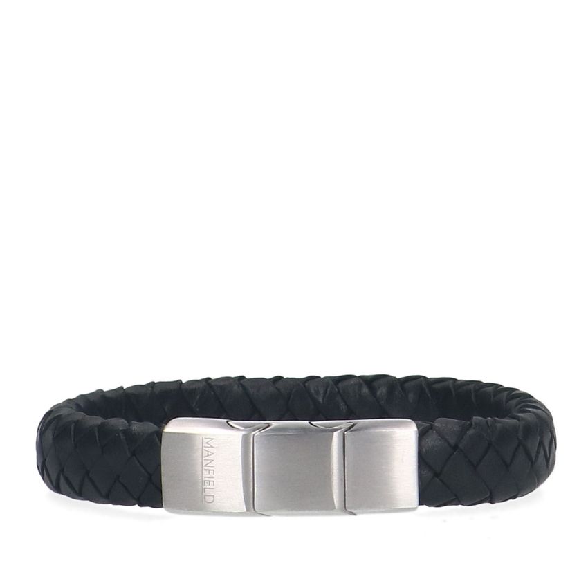 Manfield Zwarte leren gevlochten heren armband