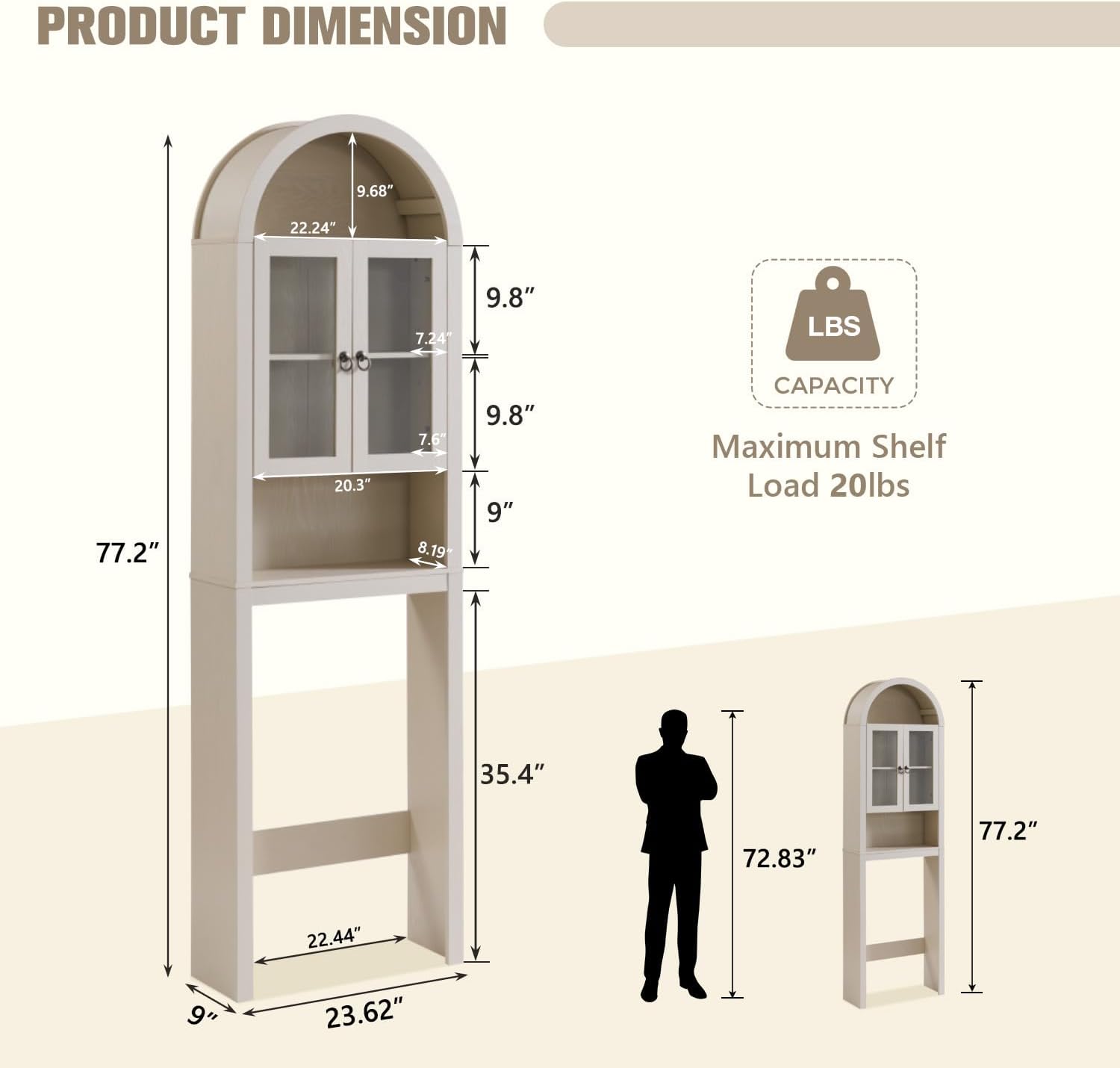 IFGET Arched Over The Toilet Storage Cabinet with Acrylic Doors, Modern Over Toilet Bathroom Organizer Shelf, Small Wooden Bathroom Storage Cabinet with Adjustable Shelf, Space Saver, Cream