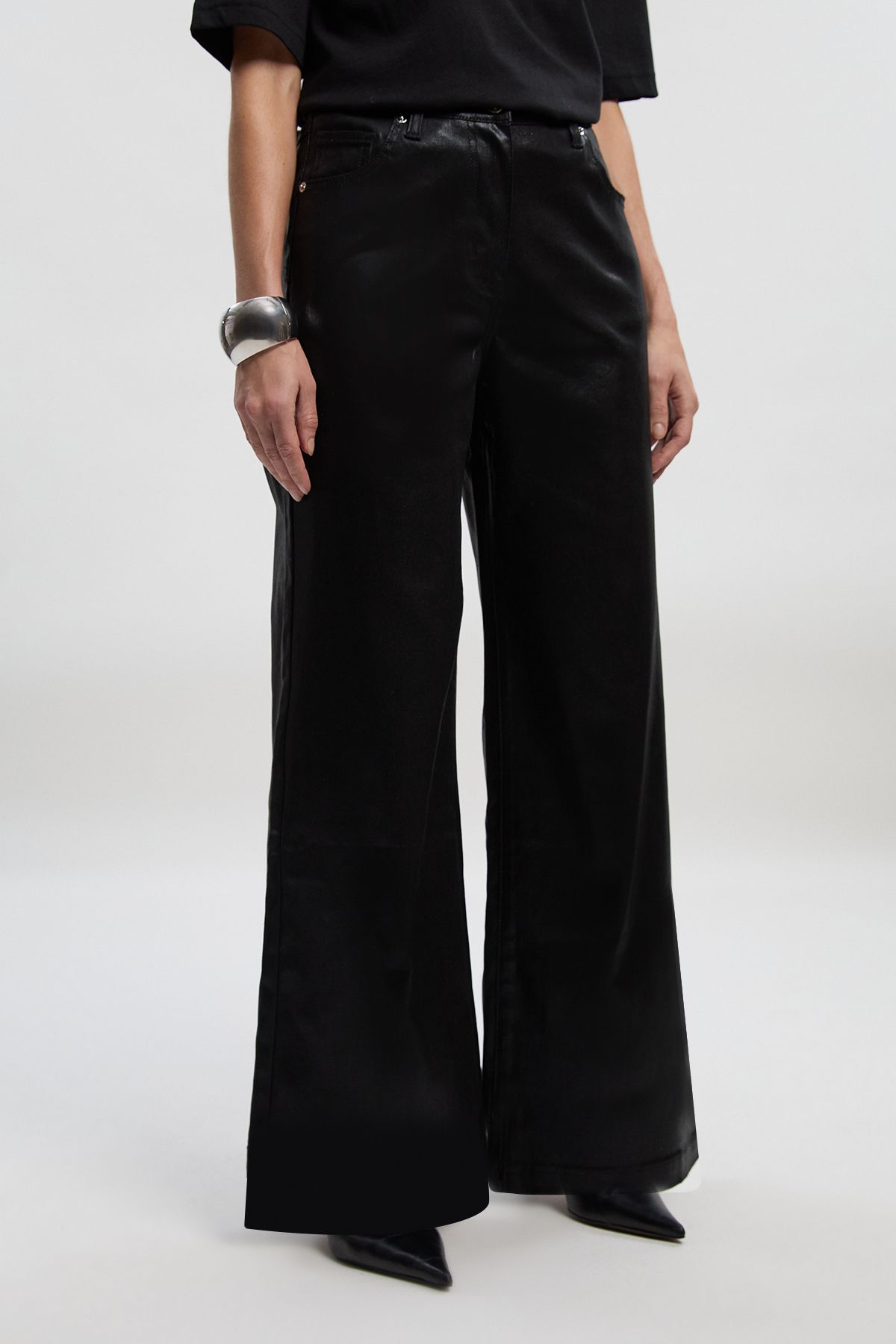 KarenMillen Metallic Coated Denim Wide Leg Jean