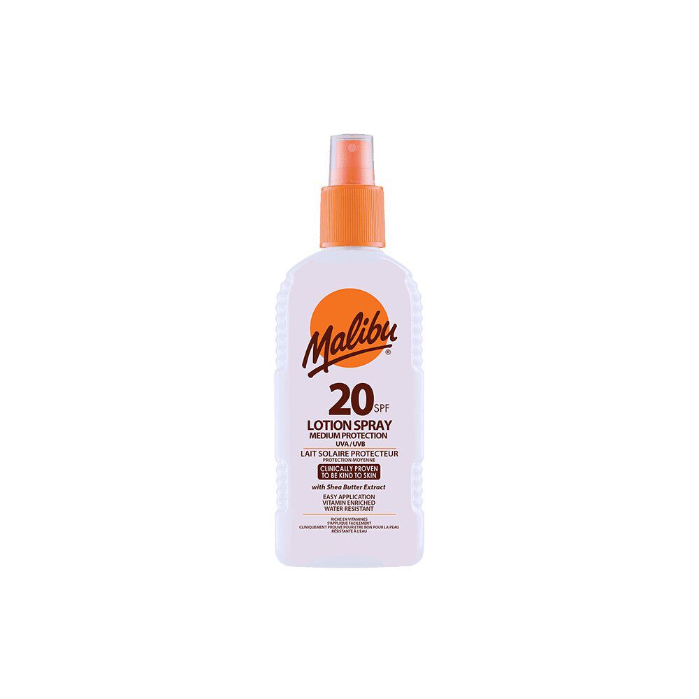 Crème solaire SPF20 moyenne protection Malibu lotion spray 200ml