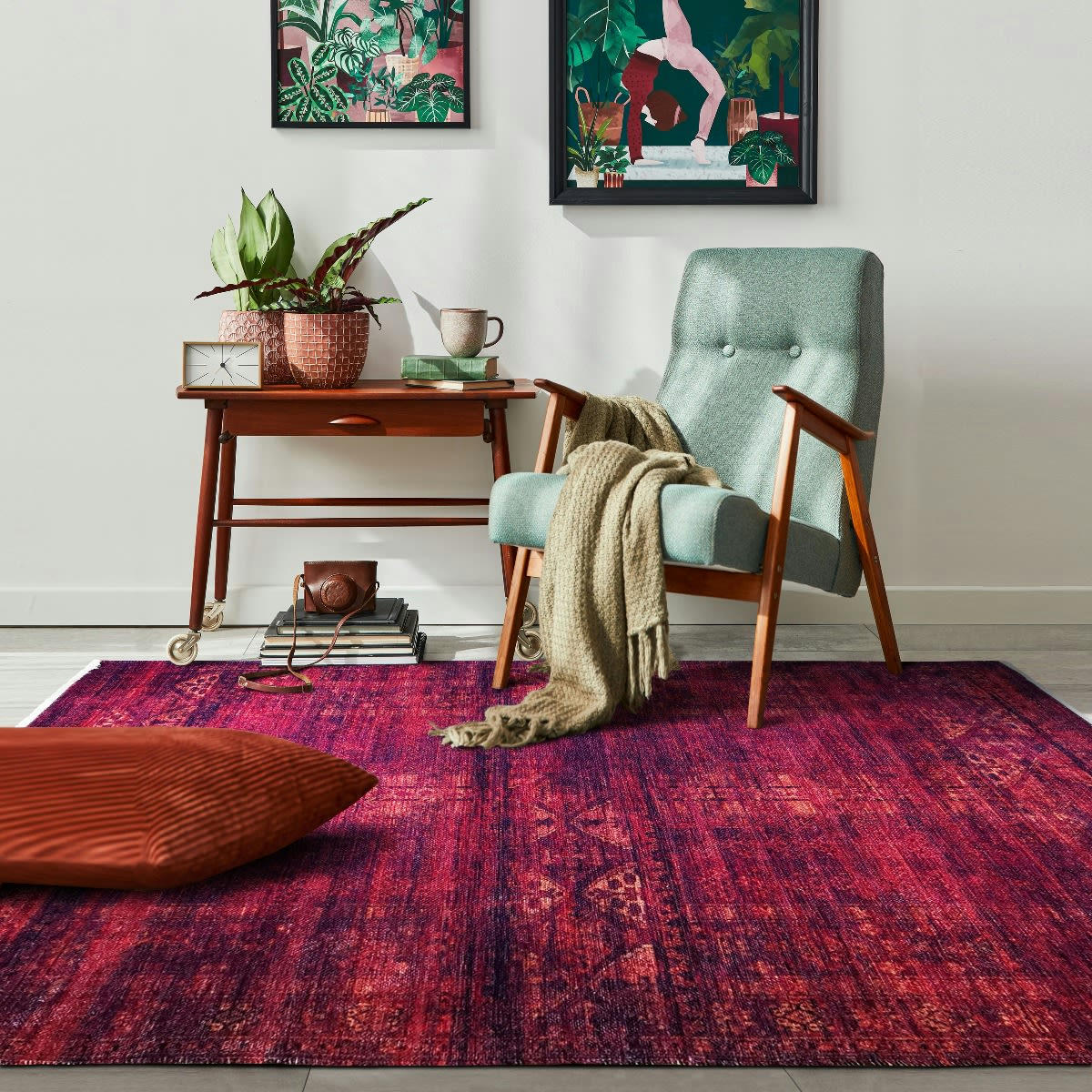 USURE - Tapis extra-doux motifs effet vintage cadre rouge 120x170