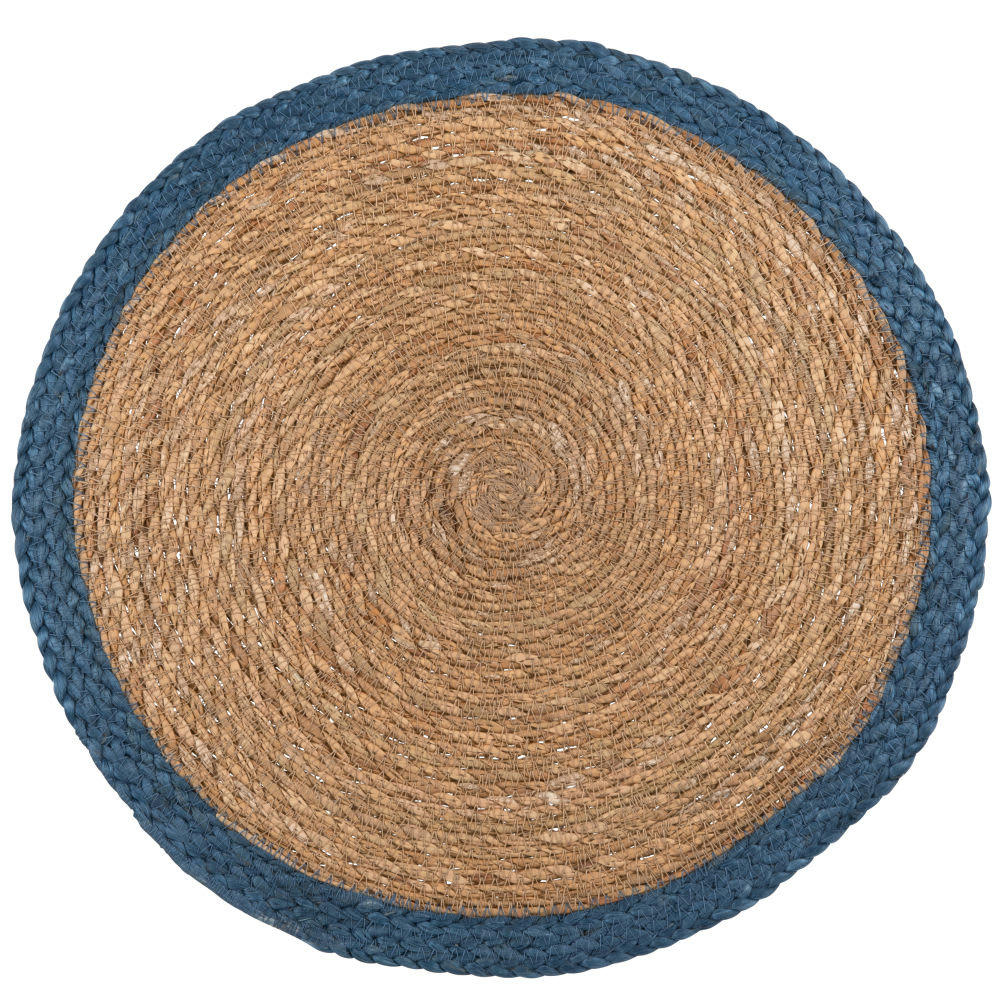 - Set de table rond en jute et fibre végétale bordure bleue