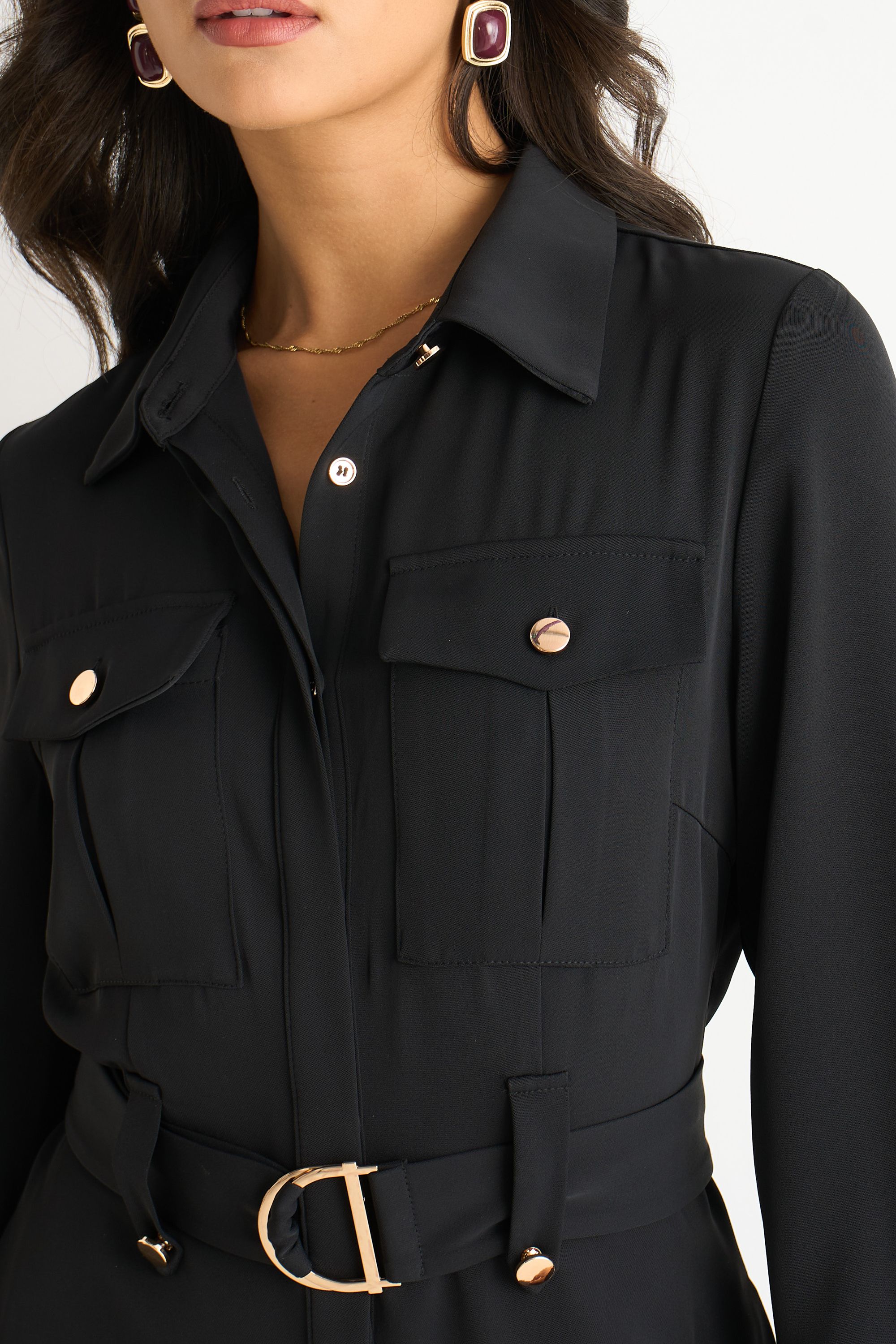 Gini London Black Luxe Gold Button Utility Shirt Dress