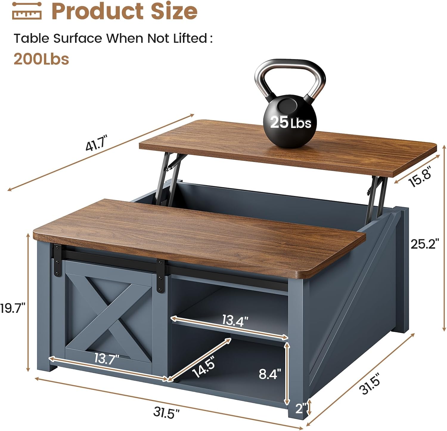 SEDETA 31.5 Lift Top Coffee Table with Storage, Square Coffee Tables for Living Room, Farmhouse Coffee Table with Large Hidden Storage Compartment and Adjustable Shelves, Blue