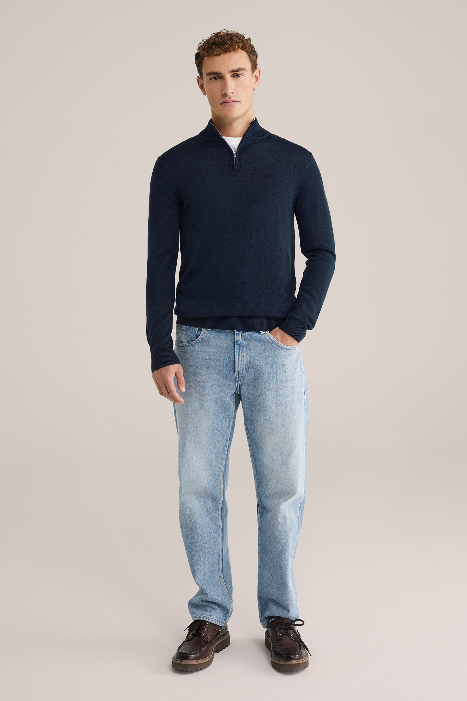 Heren Slim fit trui van merinowol met quarter-zip