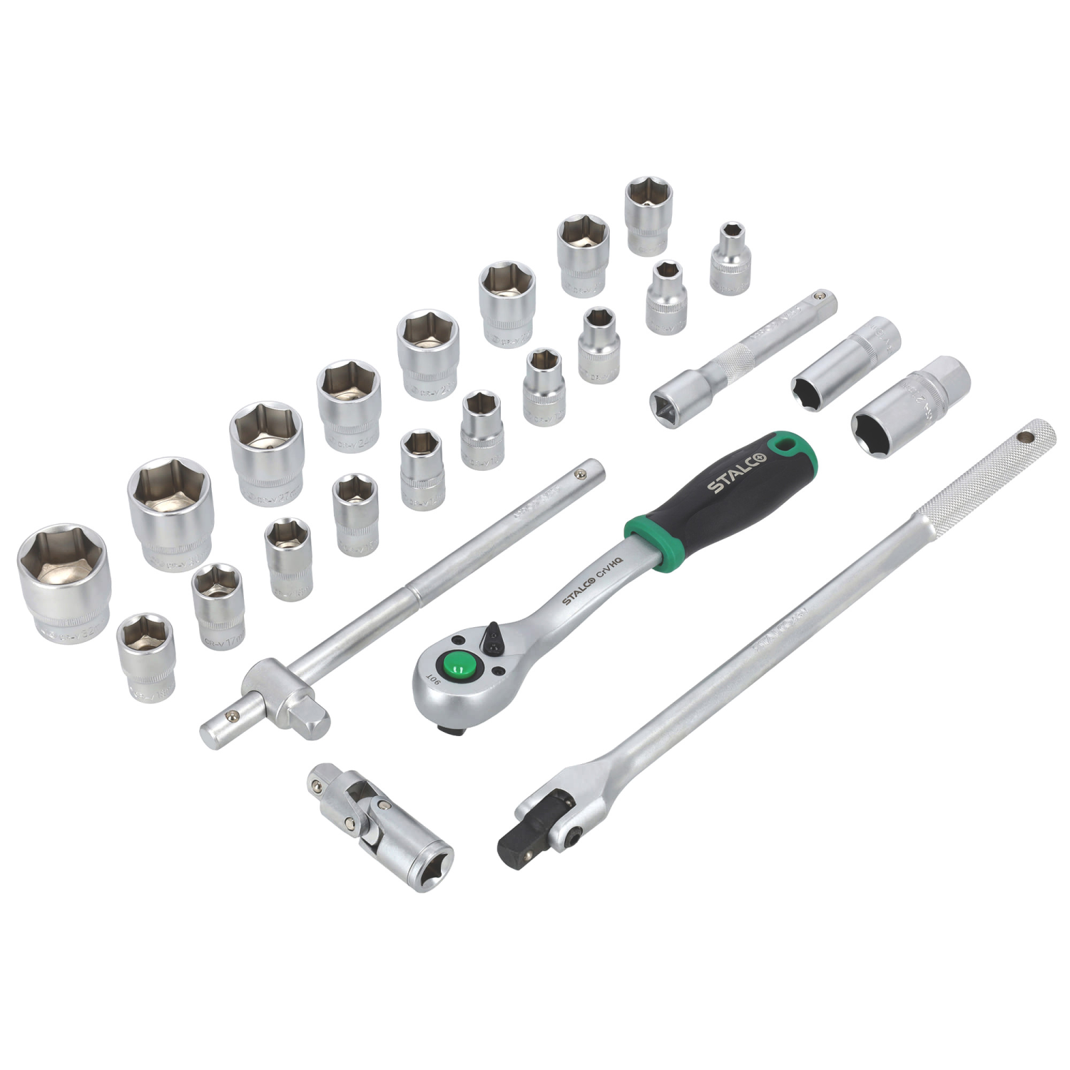 Zestaw kluczy nasadowych 1/2” 25 elem. metalowe pudełko, grzechotka 90T STALCO S011100025 STALCO S011100025